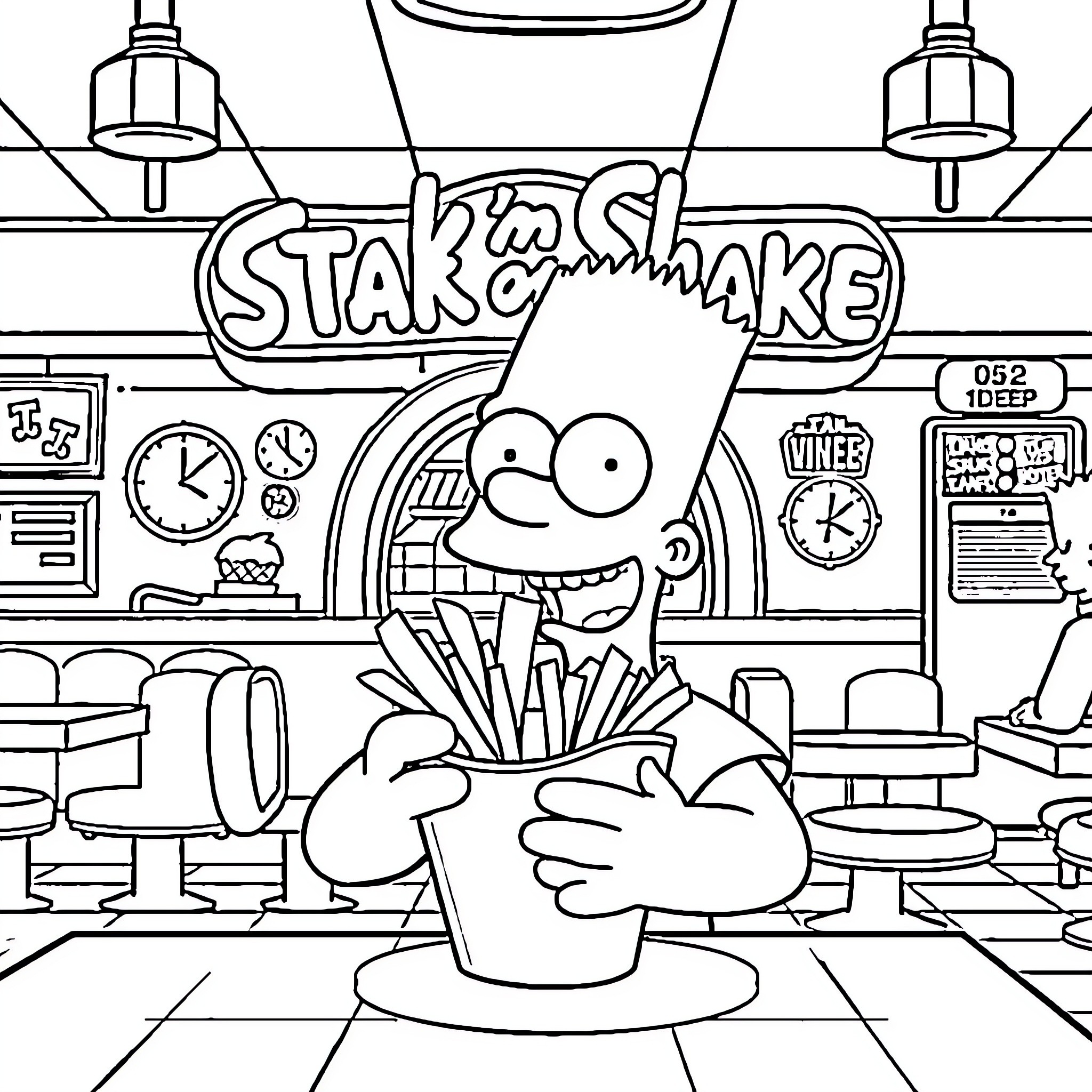 Bart Simpson in a Steak 'n Shake diner Coloring Page (free black-and-white line drawing printable PDF for all, from beginners to advanced learners, including children, teens, adults, and seniors)