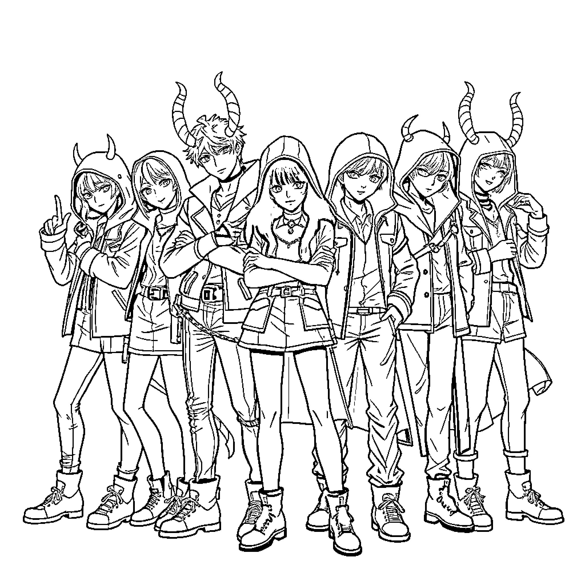 Daemon Hunter squad in action-ready gear Coloring Page (free black-and-white line drawing printable PDF for all, from beginners to advanced learners, including children, teens, adults, and seniors)
