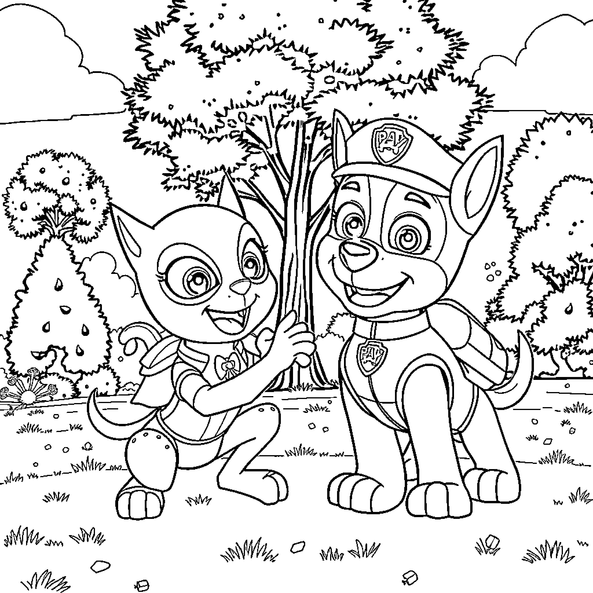 Spidey and Paw Patrol pup in the forest Coloring Page (free black-and-white line drawing printable PDF for all, from beginners to advanced learners, including children, teens, adults, and seniors)