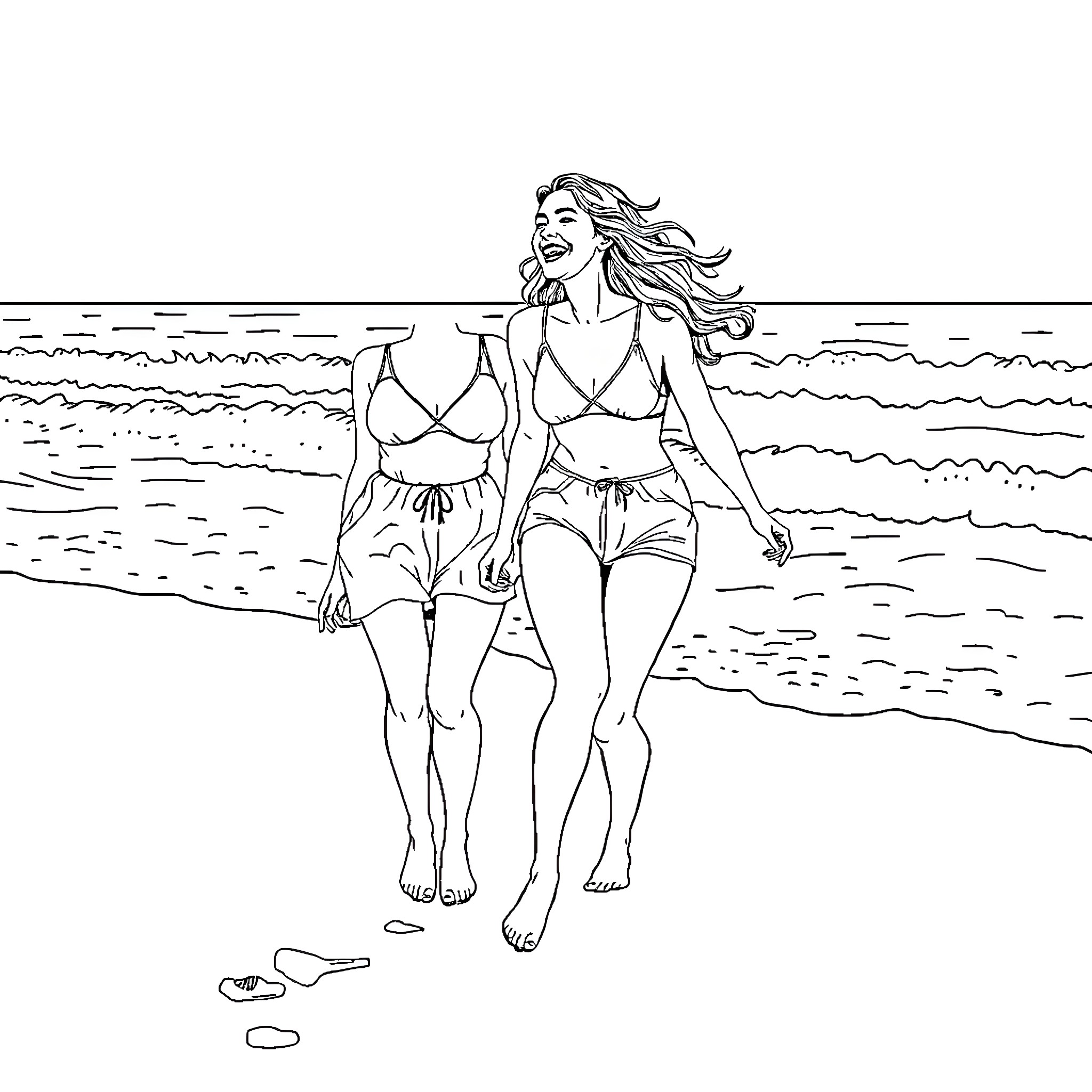 Women enjoying beach scenery and togetherness Coloring Page (free black-and-white line drawing printable PDF for all, from beginners to advanced learners, including children, teens, adults, and seniors)