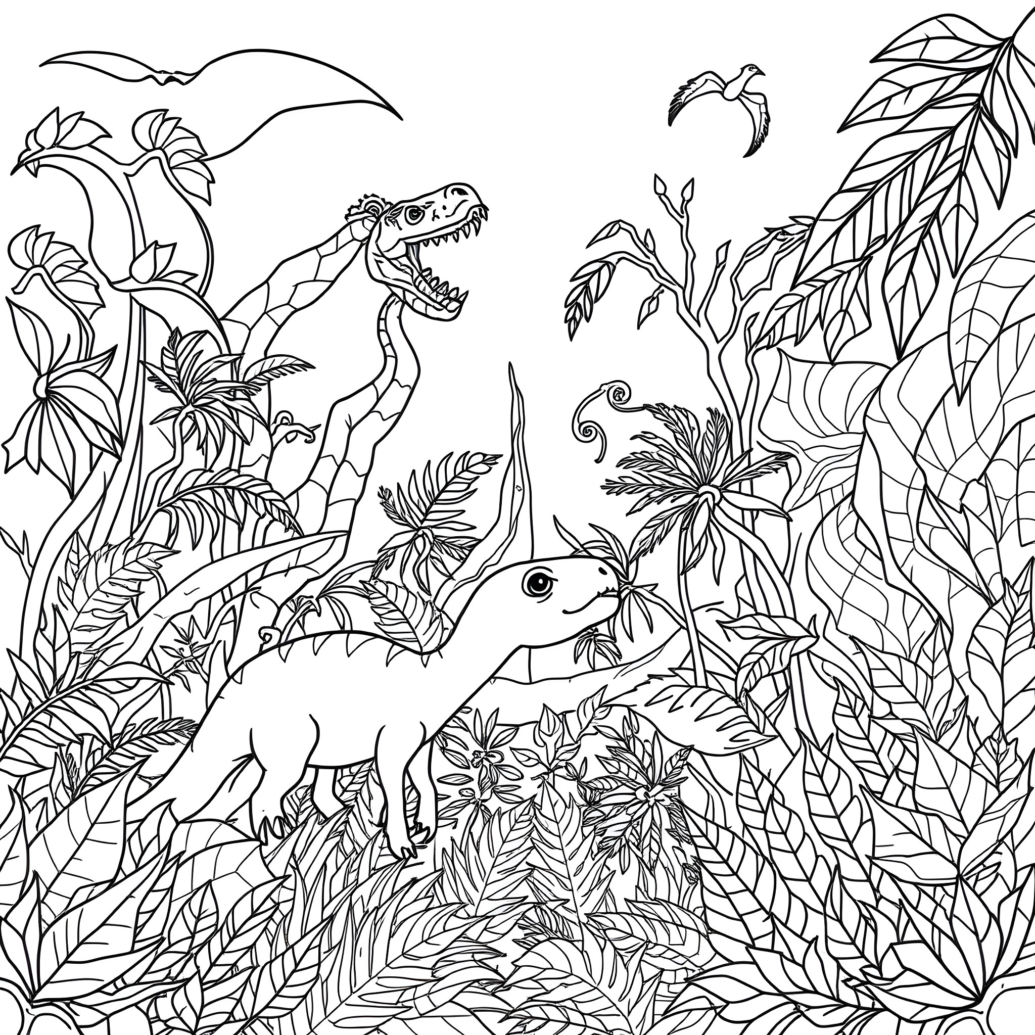 Dino Adventure in the Lush Jungle Coloring Page (free black-and-white line drawing printable PDF for all, from beginners to advanced learners, including children, teens, adults, and seniors)