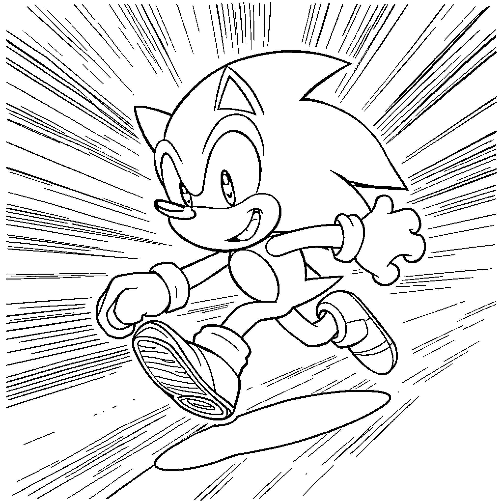 Sonic running at high speed with excitement Coloring Page (free black-and-white line drawing printable PDF for all, from beginners to advanced learners, including children, teens, adults, and seniors)