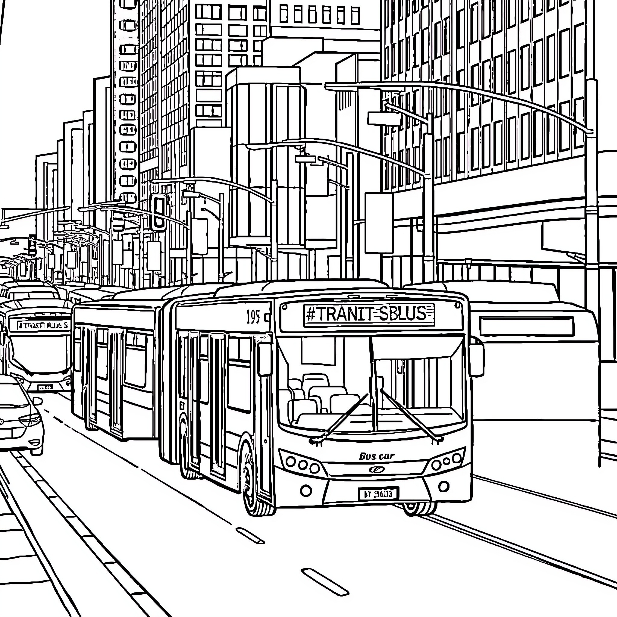 Bus on a busy city street with skyscrapers Coloring Page (free black-and-white line drawing printable PDF for all, from beginners to advanced learners, including children, teens, adults, and seniors)