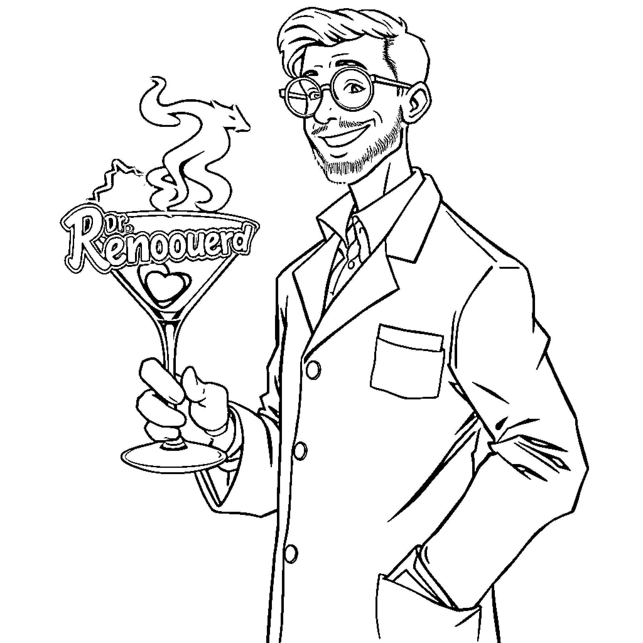 Doctor serving a unique cocktail Coloring Page (free black-and-white line drawing printable PDF for all, from beginners to advanced learners, including children, teens, adults, and seniors)