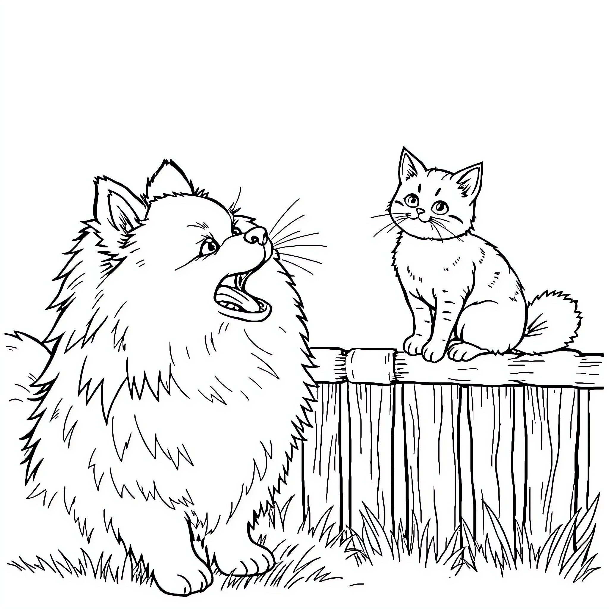 Pomeranian and Kitten Playing in Field Coloring Page (free black-and-white line drawing printable PDF for all, from beginners to advanced learners, including children, teens, adults, and seniors)