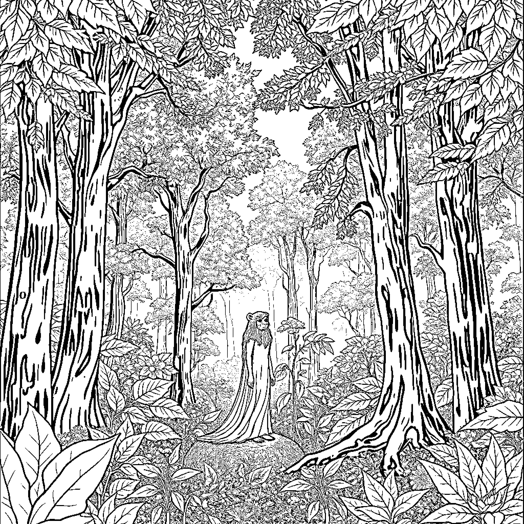 Human exploring the dense forest landscape Coloring Page (free black-and-white line drawing printable PDF for all, from beginners to advanced learners, including children, teens, adults, and seniors)