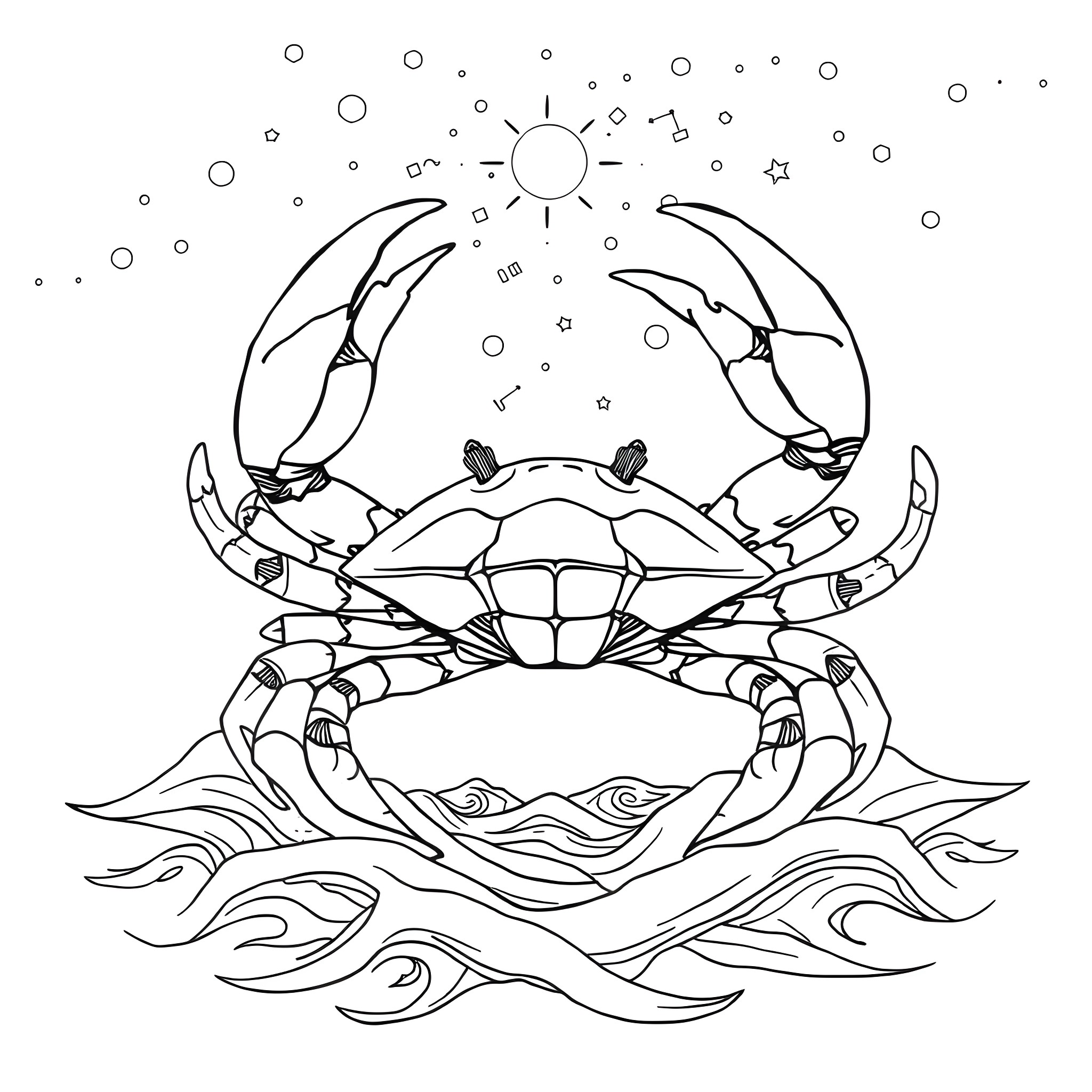 Cancer Crab in the Starry Night Seascape Coloring Page (free black-and-white line drawing printable PDF for all, from beginners to advanced learners, including children, teens, adults, and seniors)