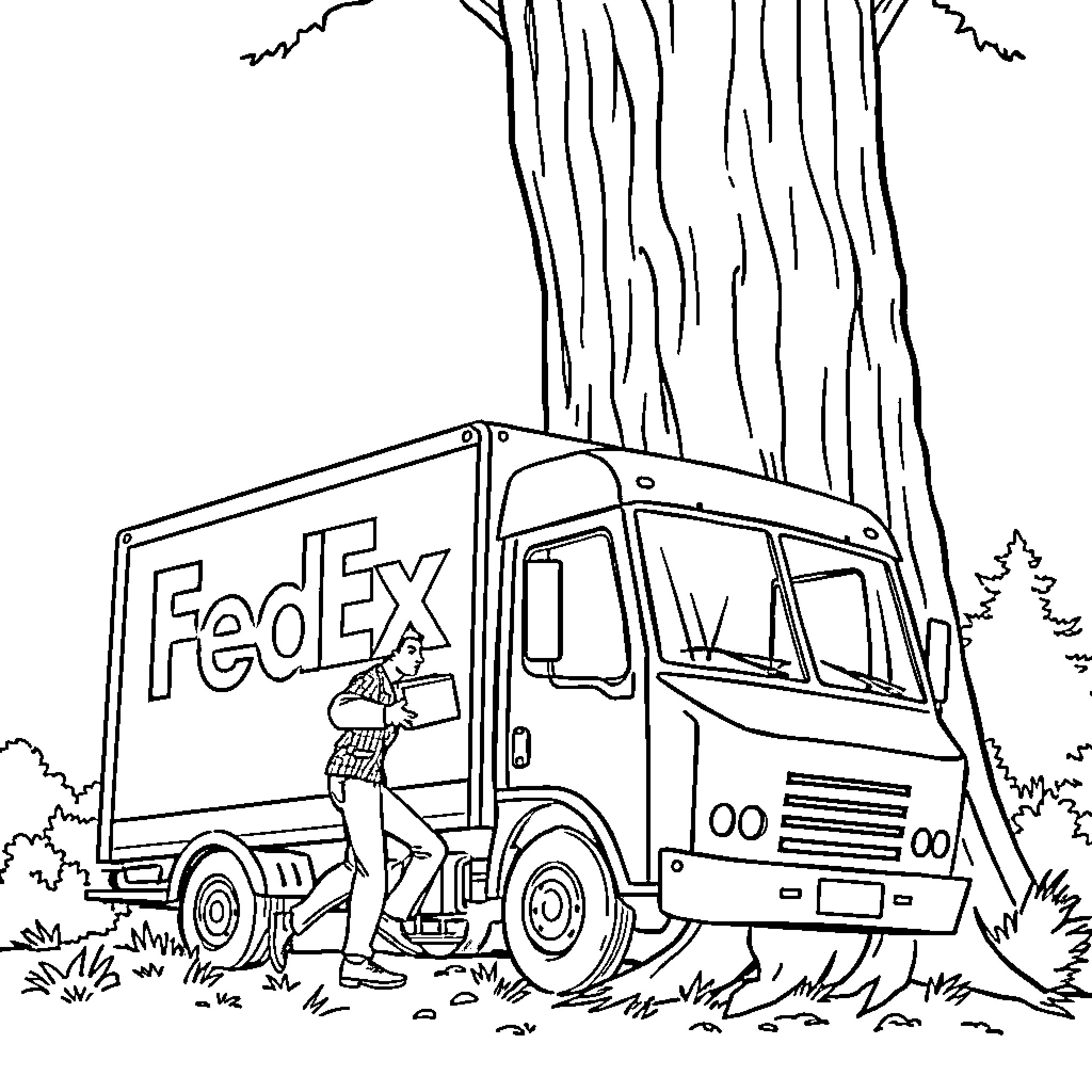 Truck delivering packages in the forest Coloring Page (free black-and-white line drawing printable PDF for all, from beginners to advanced learners, including children, teens, adults, and seniors)