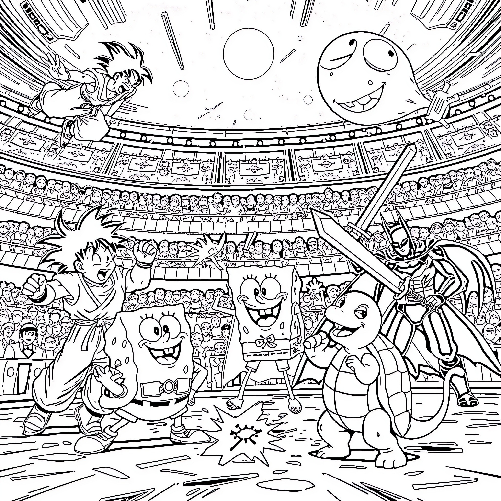 Character Celebration in a Lively Cartoon Stadium Coloring Page (free black-and-white line drawing printable PDF for all, from beginners to advanced learners, including children, teens, adults, and seniors)
