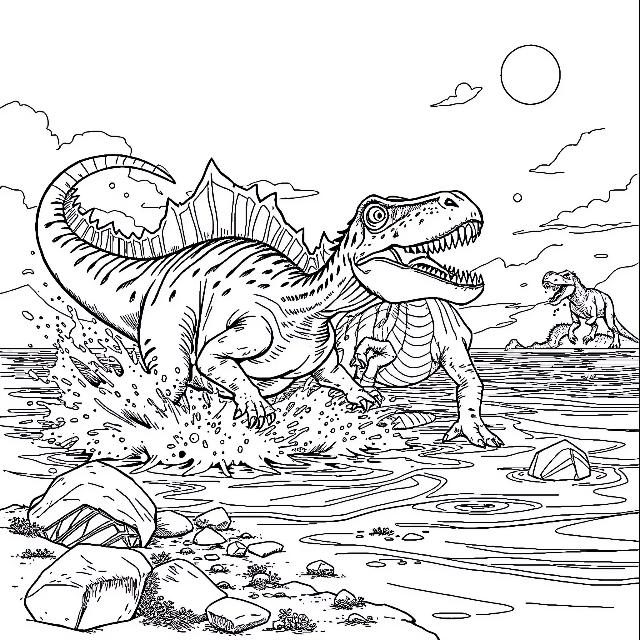 Mosasaurus roaming the prehistoric landscape Coloring Page (free black-and-white line drawing printable PDF for all, from beginners to advanced learners, including children, teens, adults, and seniors)