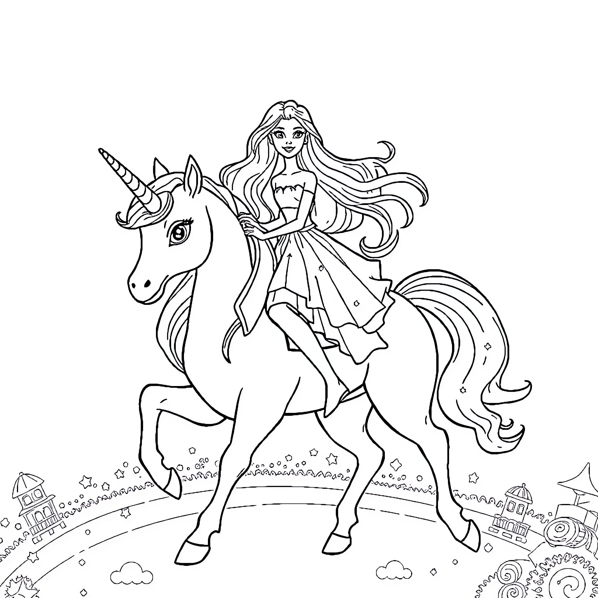 Barbie riding a unicorn with magical accessories Coloring Page (free black-and-white line drawing printable PDF for all, from beginners to advanced learners, including children, teens, adults, and seniors)