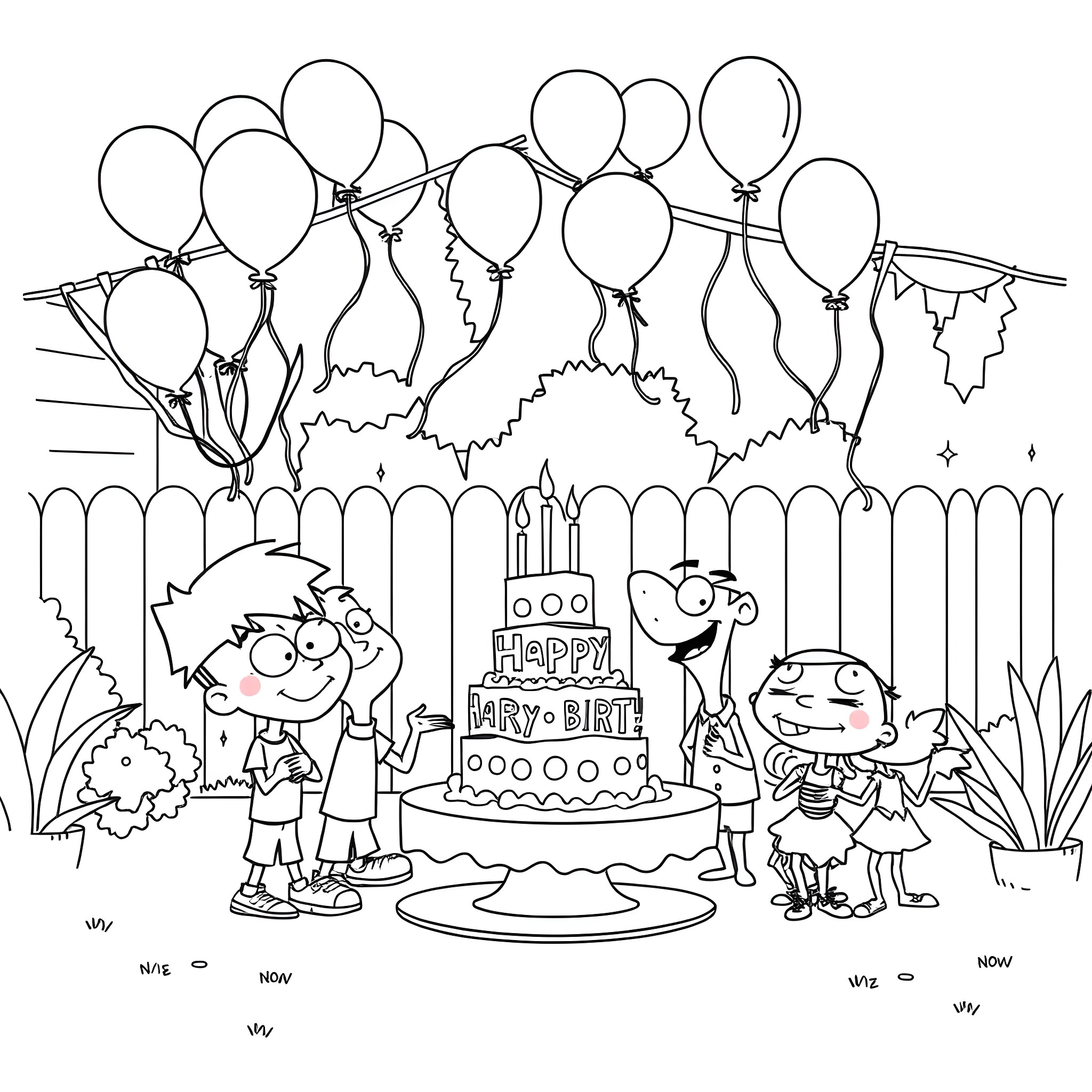 Phineas and Ferb celebrate a birthday party with balloons Coloring Page (free black-and-white line drawing printable PDF for all, from beginners to advanced learners, including children, teens, adults, and seniors)