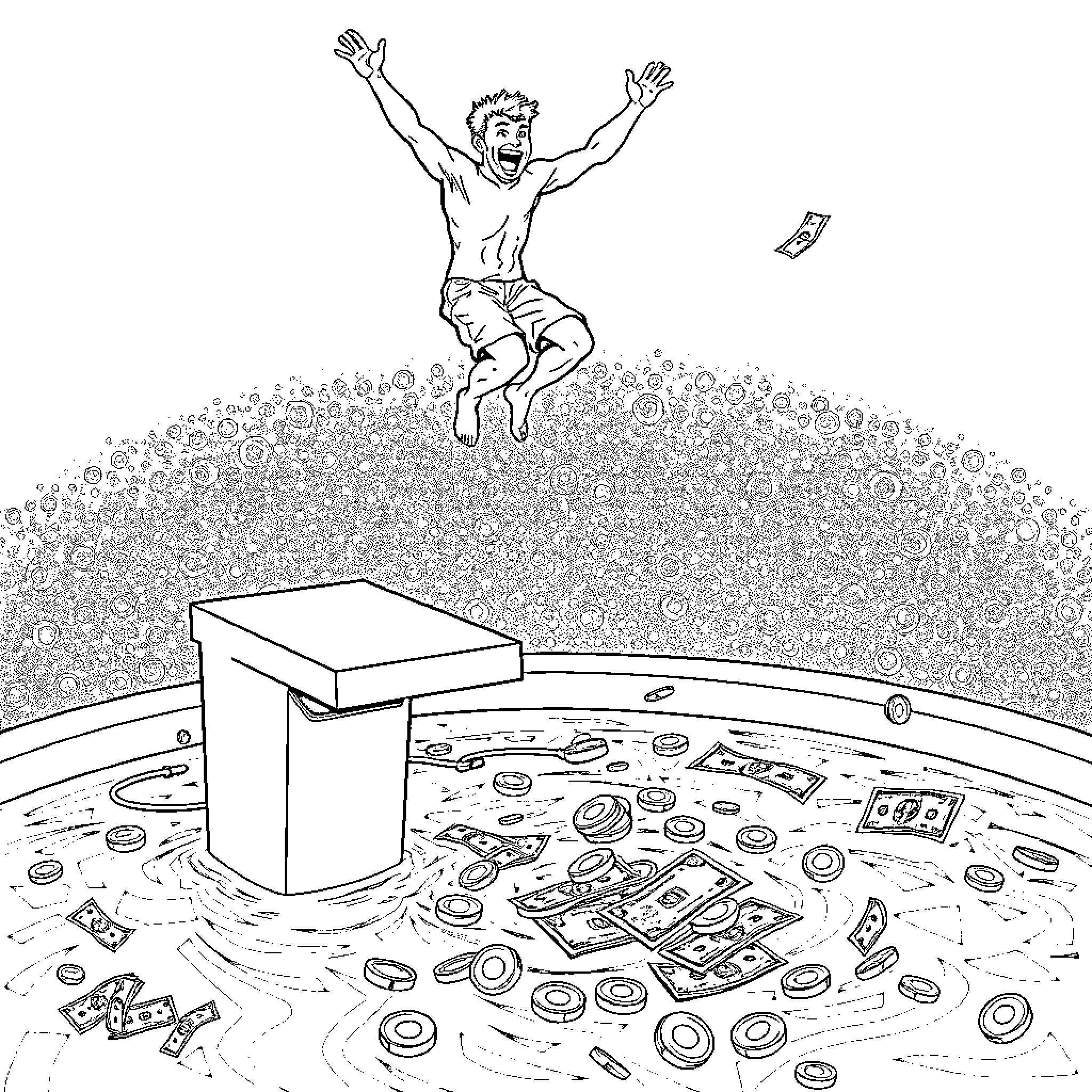 Man celebrating with arms raised amidst scattered objects Coloring Page (free black-and-white line drawing printable PDF for all, from beginners to advanced learners, including children, teens, adults, and seniors)