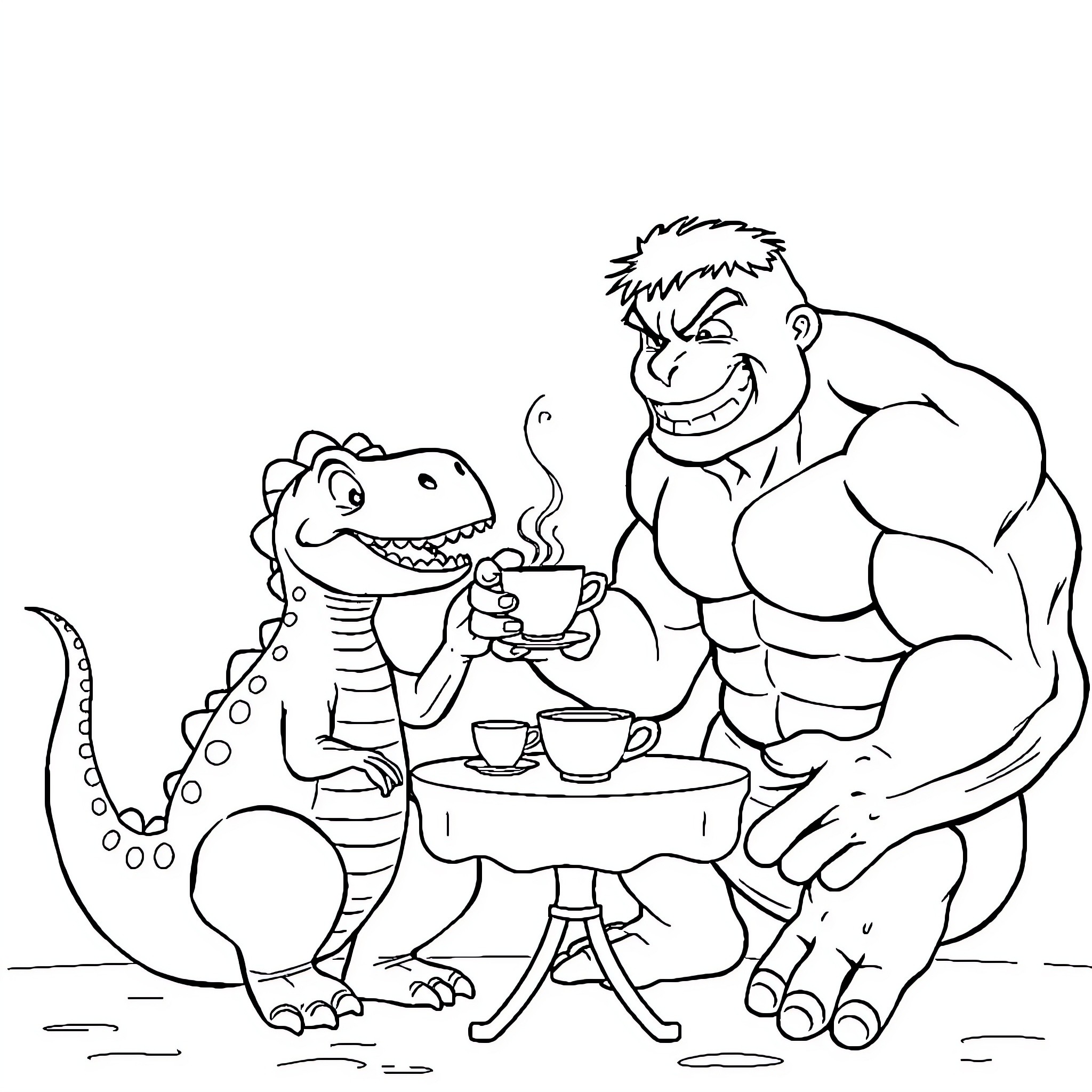 Dinosaur friends enjoying a cozy tea party Coloring Page (free black-and-white line drawing printable PDF for all, from beginners to advanced learners, including children, teens, adults, and seniors)