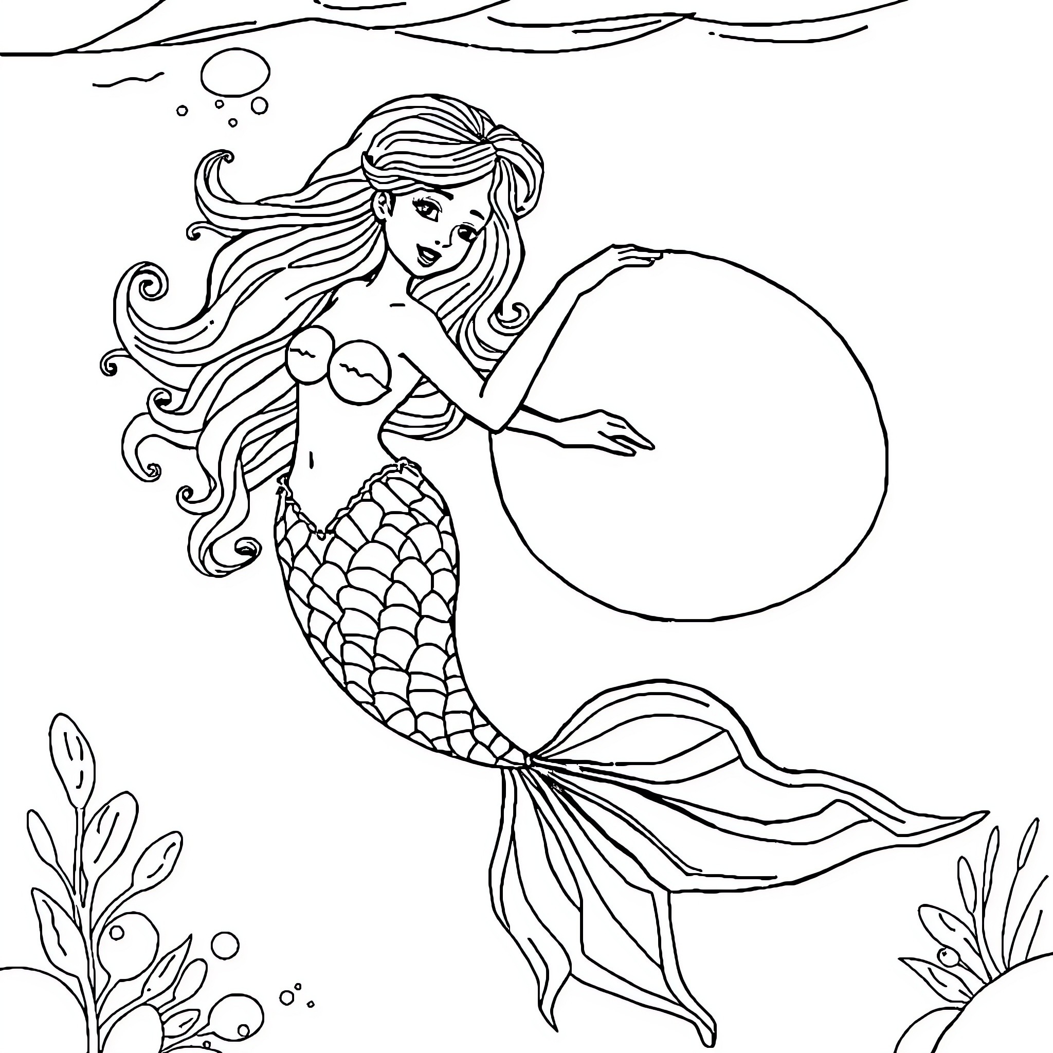 Mermaid swimming gracefully in the ocean Coloring Page (free black-and-white line drawing printable PDF for all, from beginners to advanced learners, including children, teens, adults, and seniors)