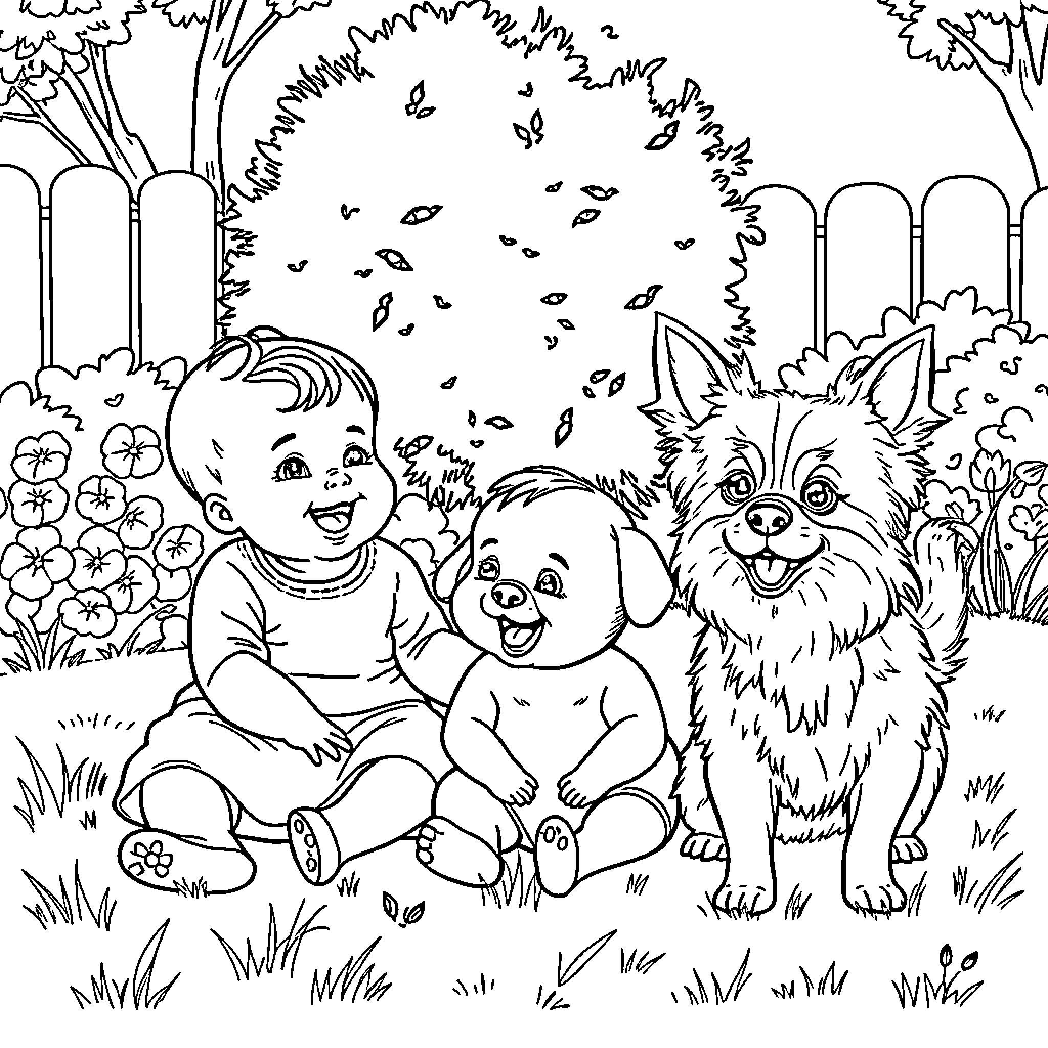 Baby playing happily with puppy in the park Coloring Page (free black-and-white line drawing printable PDF for all, from beginners to advanced learners, including children, teens, adults, and seniors)
