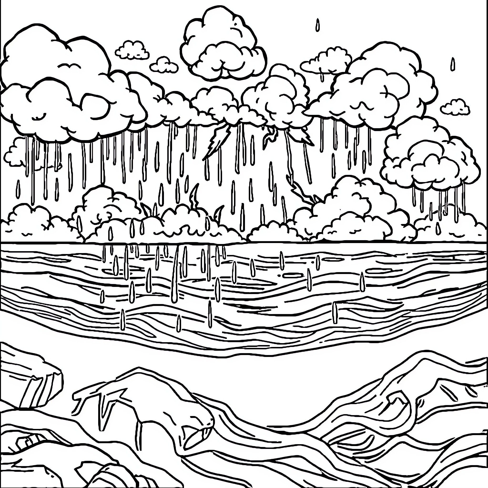 Earth's Stormy Landscape with Raging Clouds and Flowing Water Coloring Page (free black-and-white line drawing printable PDF for all, from beginners to advanced learners, including children, teens, adults, and seniors)