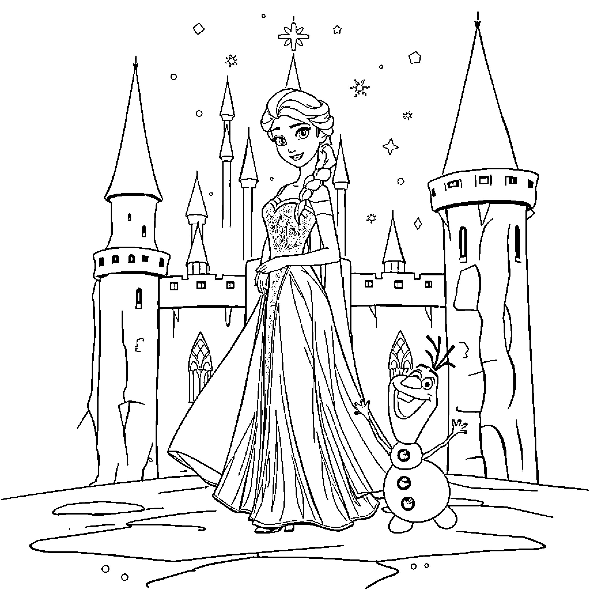 Elsa's Magical Castle Adventure Coloring Page (free black-and-white line drawing printable PDF for all, from beginners to advanced learners, including children, teens, adults, and seniors)