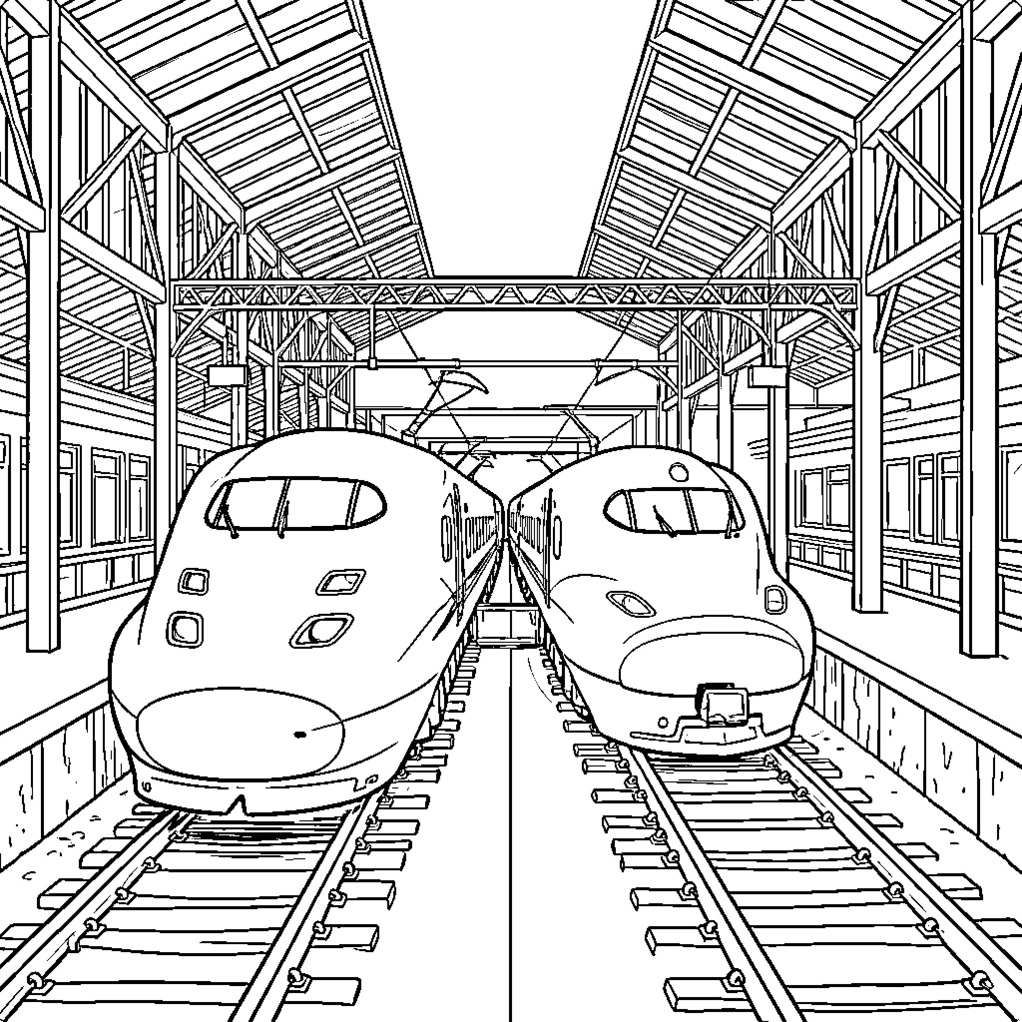 Shinkansen trains parked at a large station platform Coloring Page (free black-and-white line drawing printable PDF for all, from beginners to advanced learners, including children, teens, adults, and seniors)