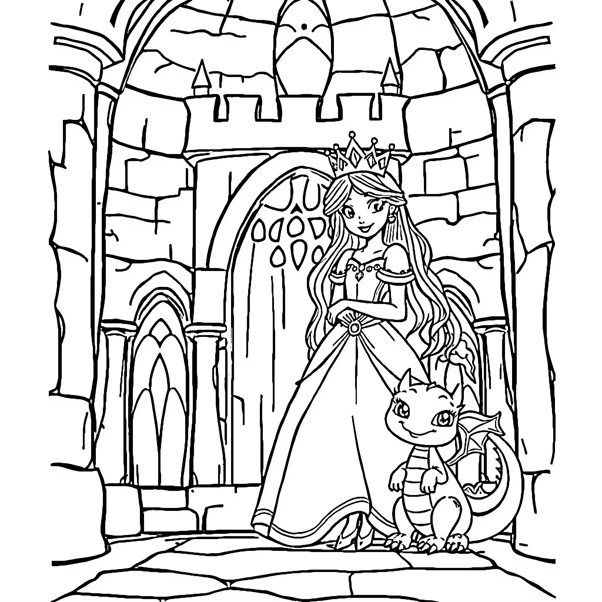 Princess with pet in a grand castle Coloring Page (free black-and-white line drawing printable PDF for all, from beginners to advanced learners, including children, teens, adults, and seniors)