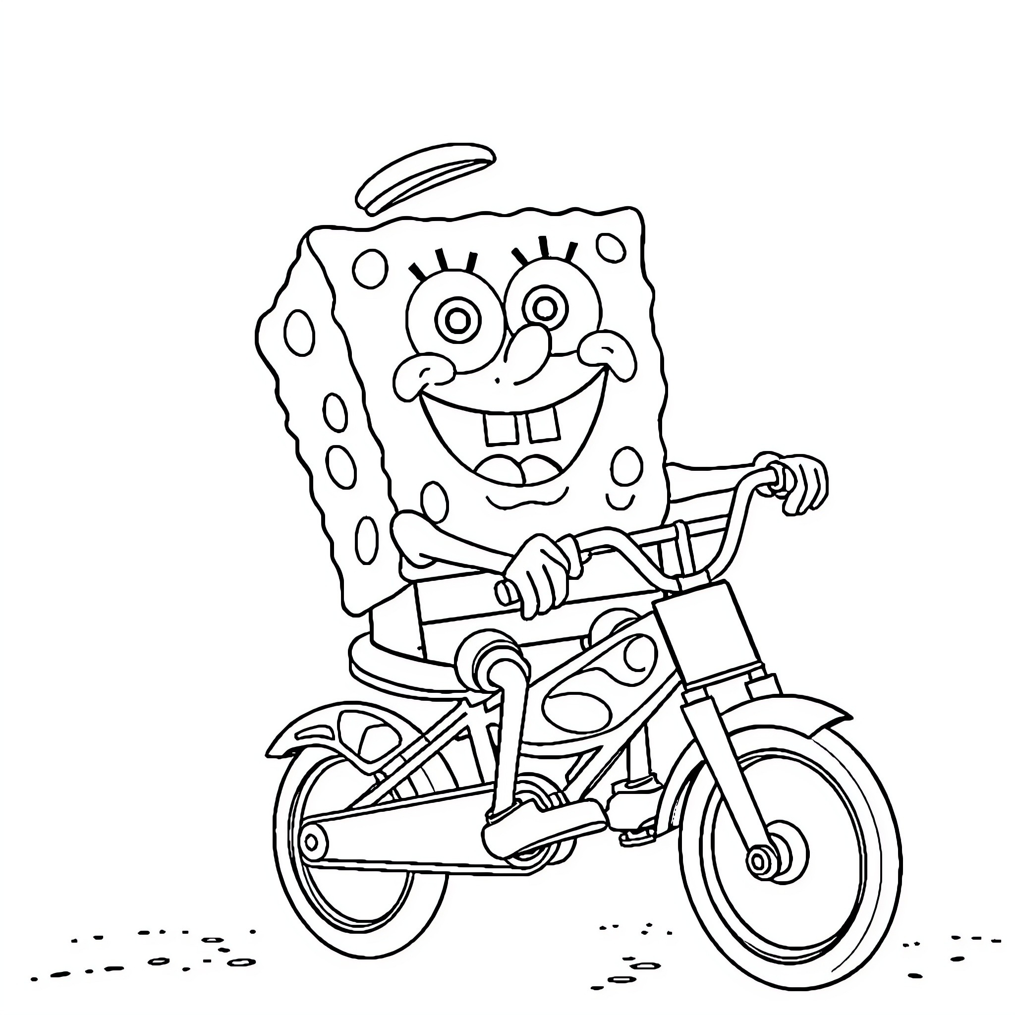 Spongebob riding a bicycle happily Coloring Page (free black-and-white line drawing printable PDF for all, from beginners to advanced learners, including children, teens, adults, and seniors)