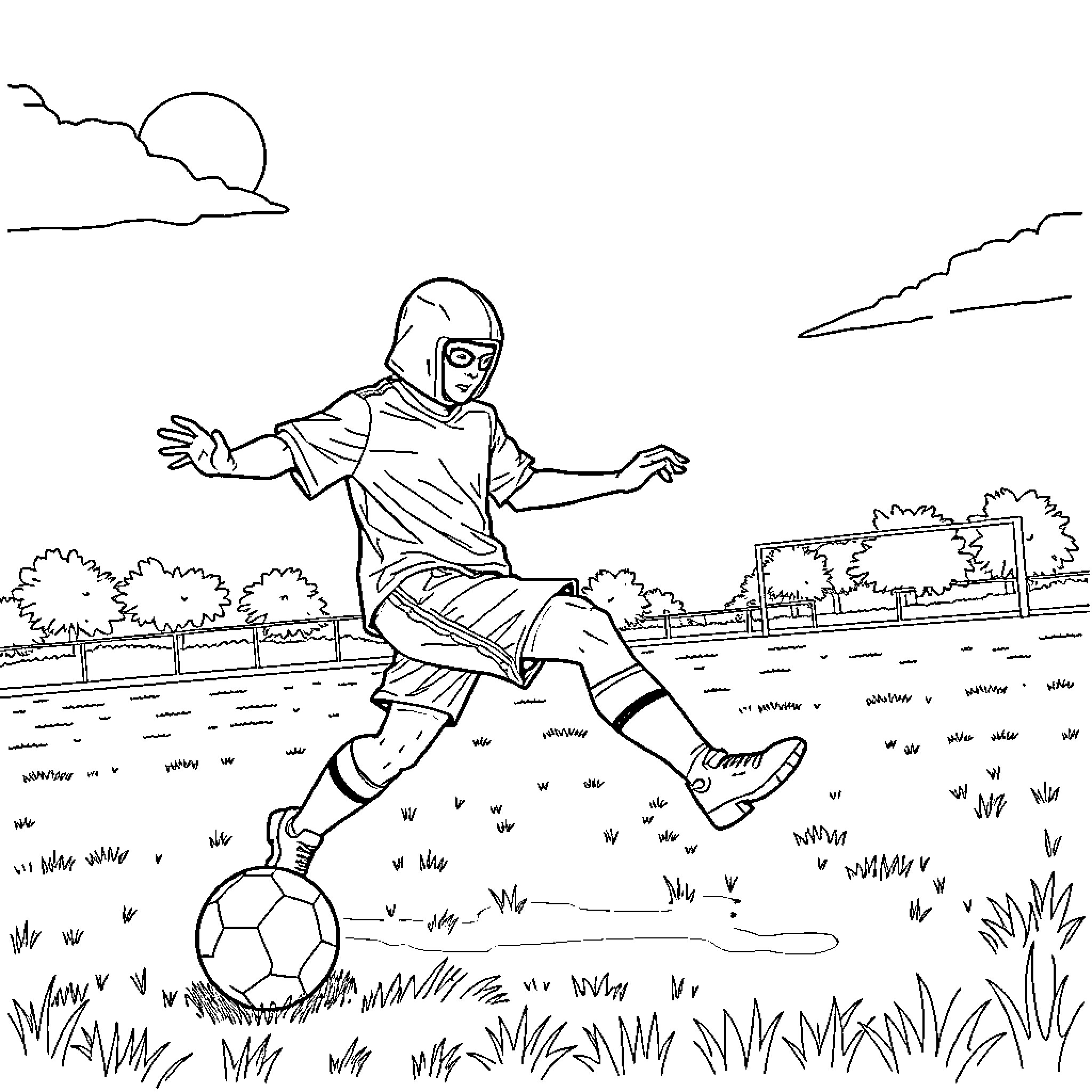 Hunter kicking soccer ball in outdoor field Coloring Page (free black-and-white line drawing printable PDF for all, from beginners to advanced learners, including children, teens, adults, and seniors)
