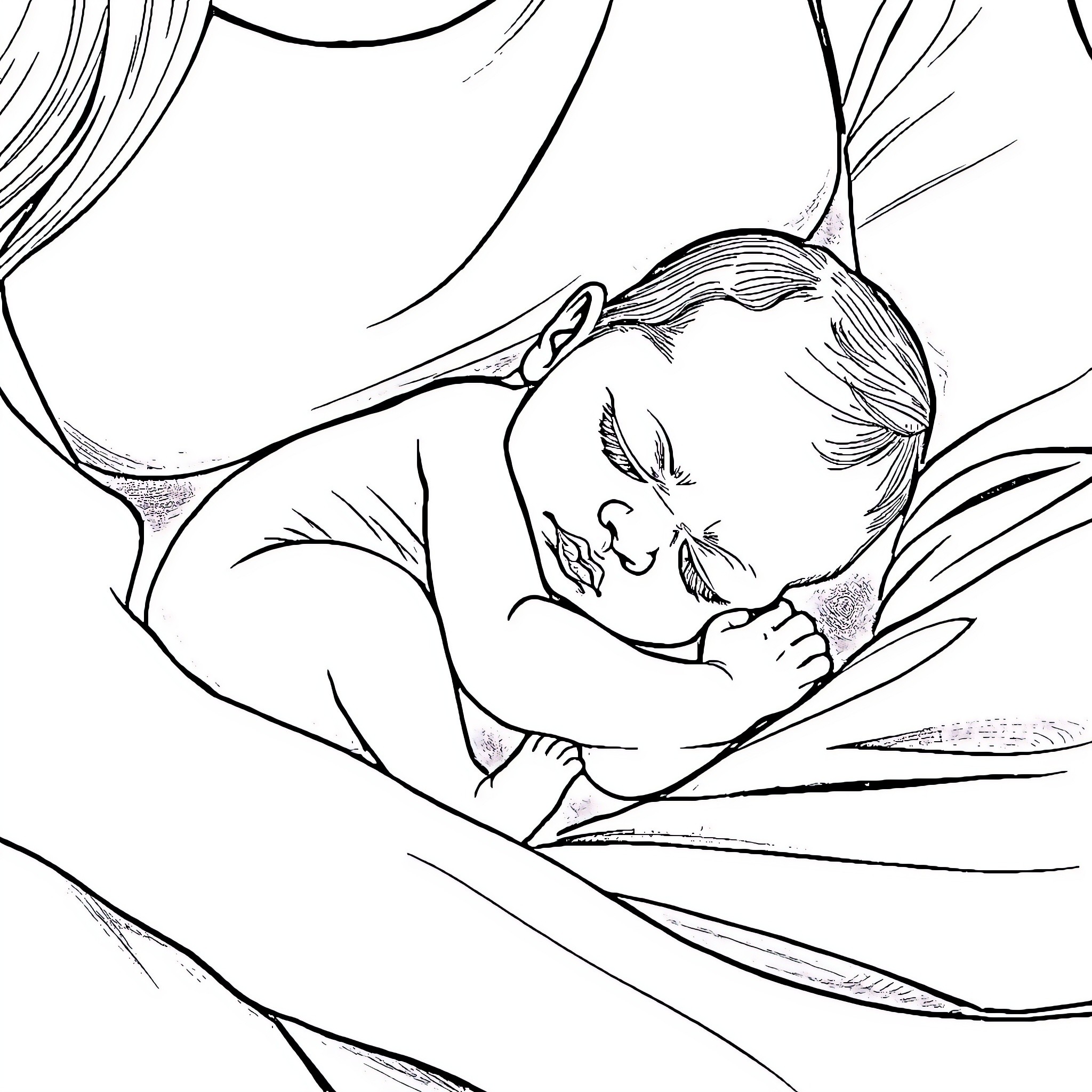 Baby sleeping peacefully in a cozy blanket Coloring Page (free black-and-white line drawing printable PDF for all, from beginners to advanced learners, including children, teens, adults, and seniors)