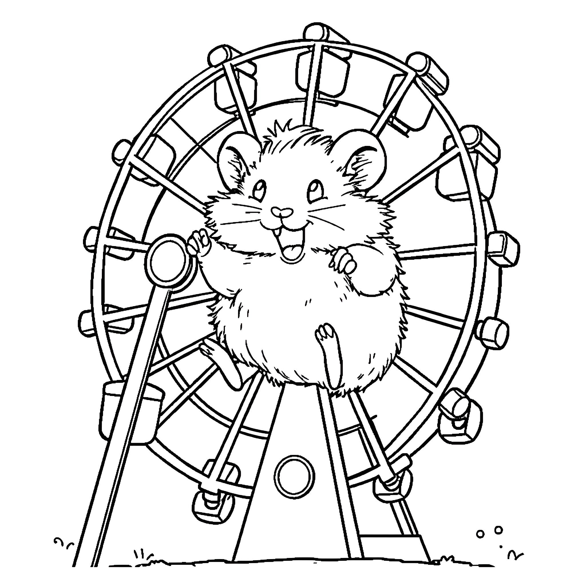 Hamster enjoying a ferris wheel ride Coloring Page (free black-and-white line drawing printable PDF for all, from beginners to advanced learners, including children, teens, adults, and seniors)