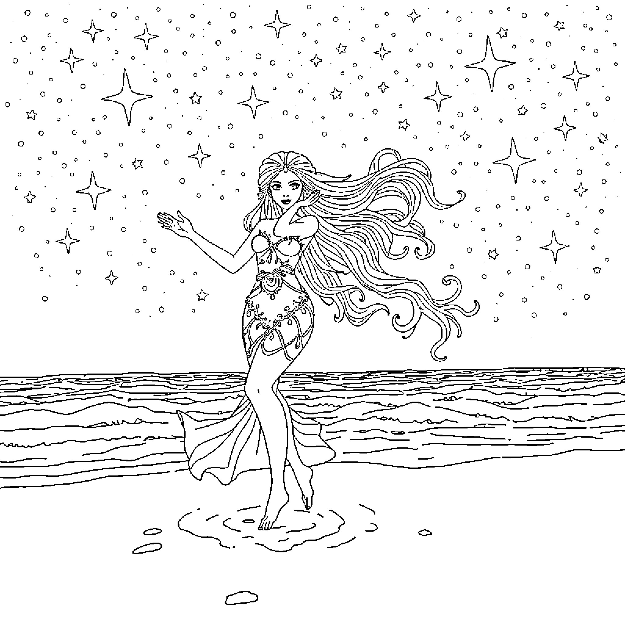 Iemanjá's Celestial Enchantment Coloring Page (free black-and-white line drawing printable PDF for all, from beginners to advanced learners, including children, teens, adults, and seniors)