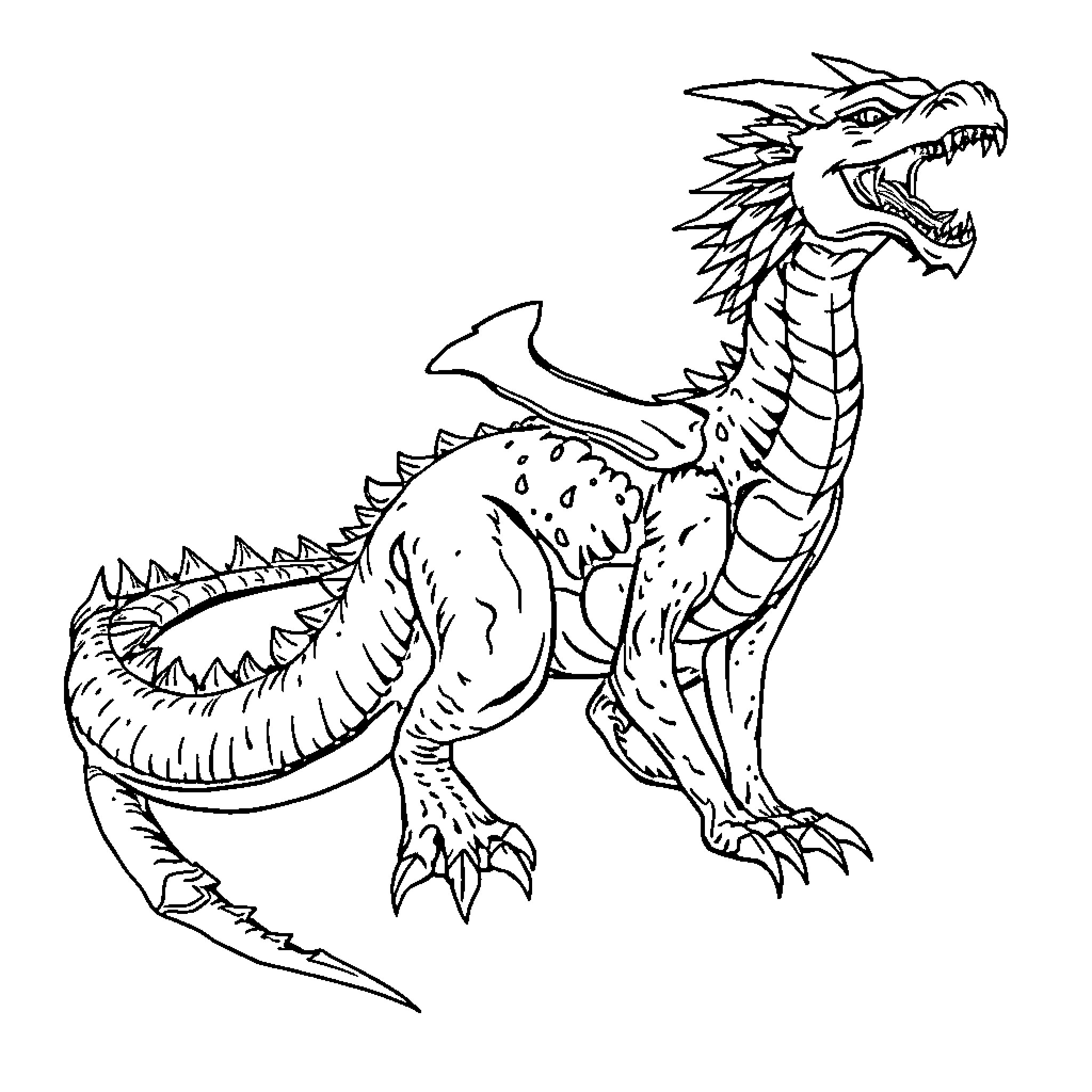 Dragon Roaring with Fierce Expression Coloring Page (free black-and-white line drawing printable PDF for all, from beginners to advanced learners, including children, teens, adults, and seniors)