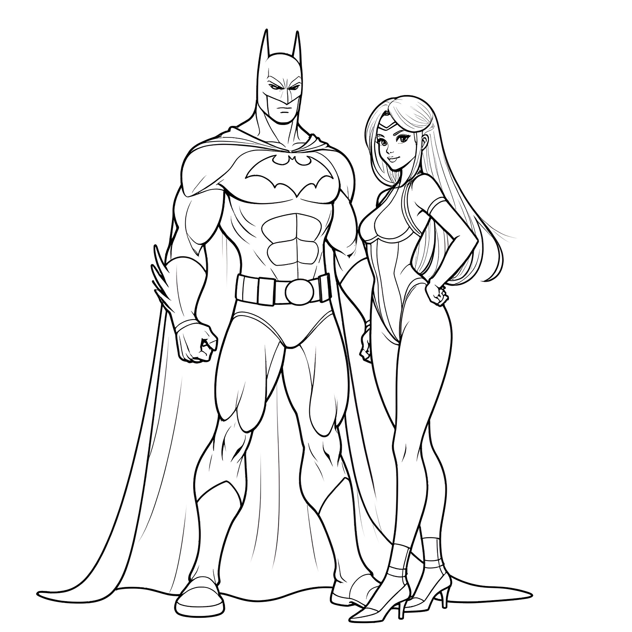 Batman and female superhero in action poses Coloring Page (free black-and-white line drawing printable PDF for all, from beginners to advanced learners, including children, teens, adults, and seniors)