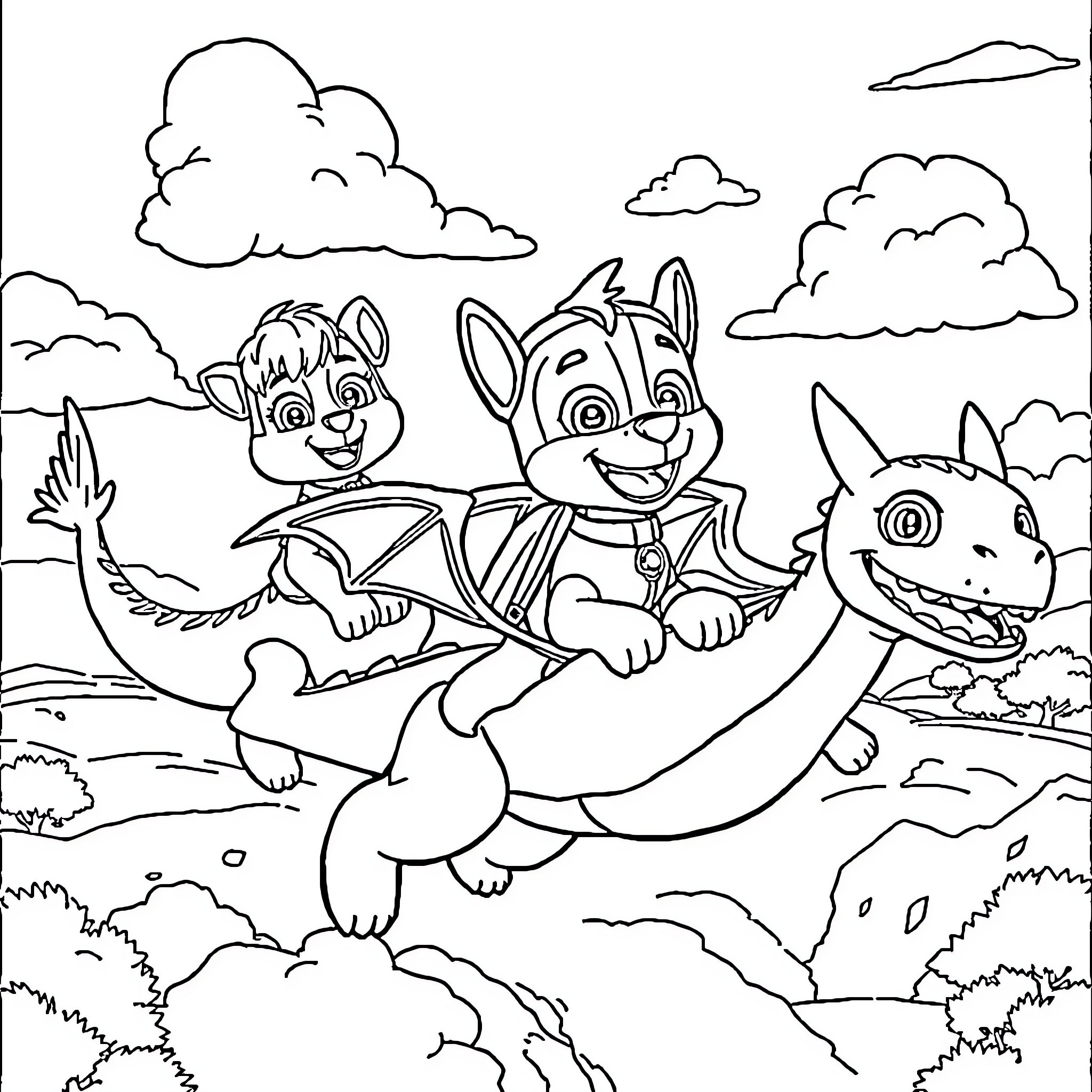 Paw Patrol in an Outdoor Adventure Coloring Page (free black-and-white line drawing printable PDF for all, from beginners to advanced learners, including children, teens, adults, and seniors)