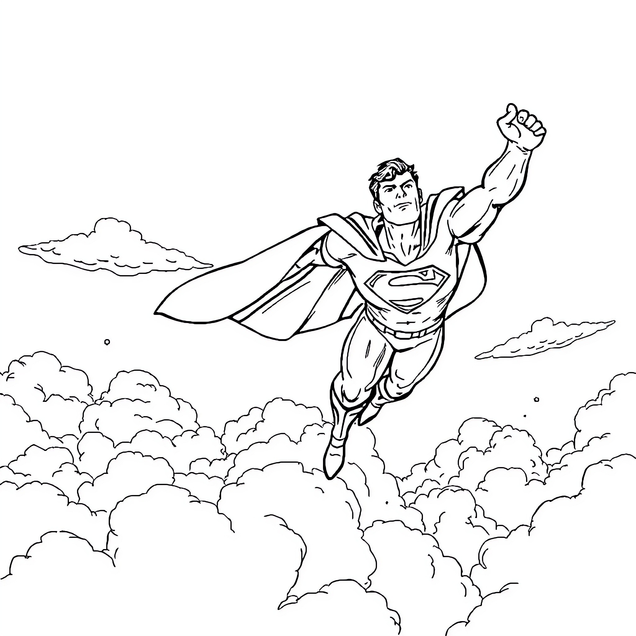 Superman soaring through the clouds with outstretched arms Coloring Page (free black-and-white line drawing printable PDF for all, from beginners to advanced learners, including children, teens, adults, and seniors)