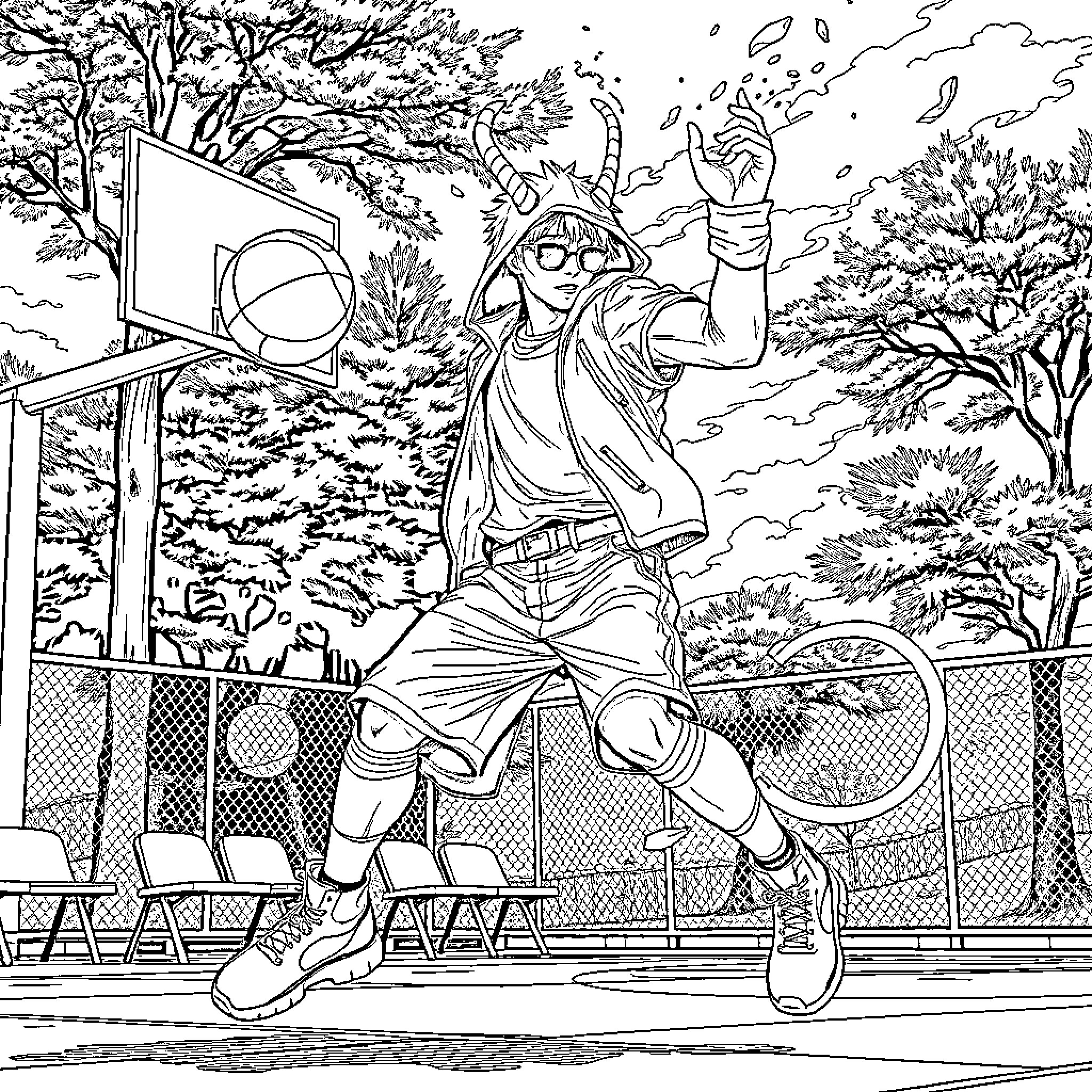 Demon Hunter battles the supernatural on a basketball court Coloring Page (free black-and-white line drawing printable PDF for all, from beginners to advanced learners, including children, teens, adults, and seniors)