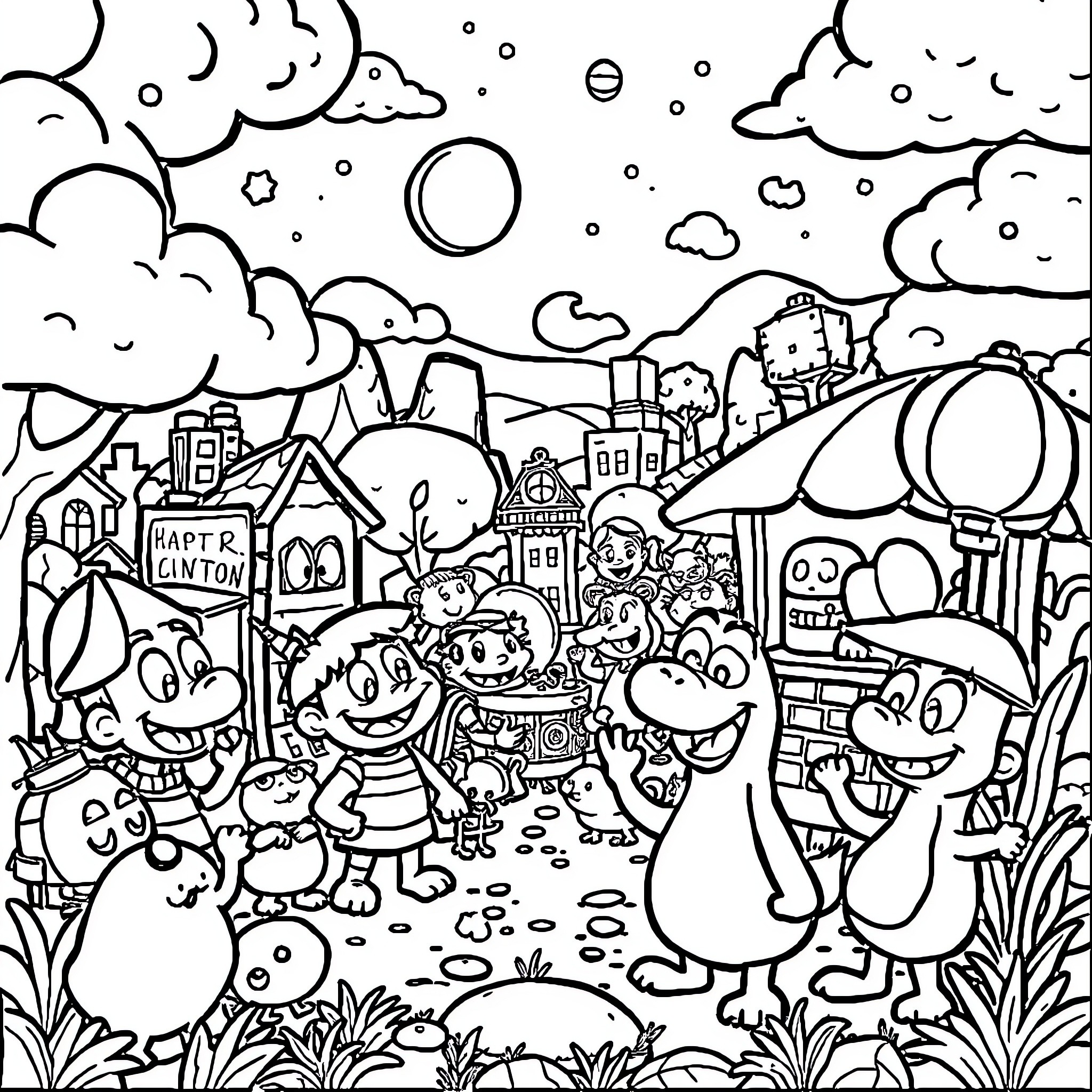 Cartoon Characters Exploring a Whimsical Town Coloring Page (free black-and-white line drawing printable PDF for all, from beginners to advanced learners, including children, teens, adults, and seniors)