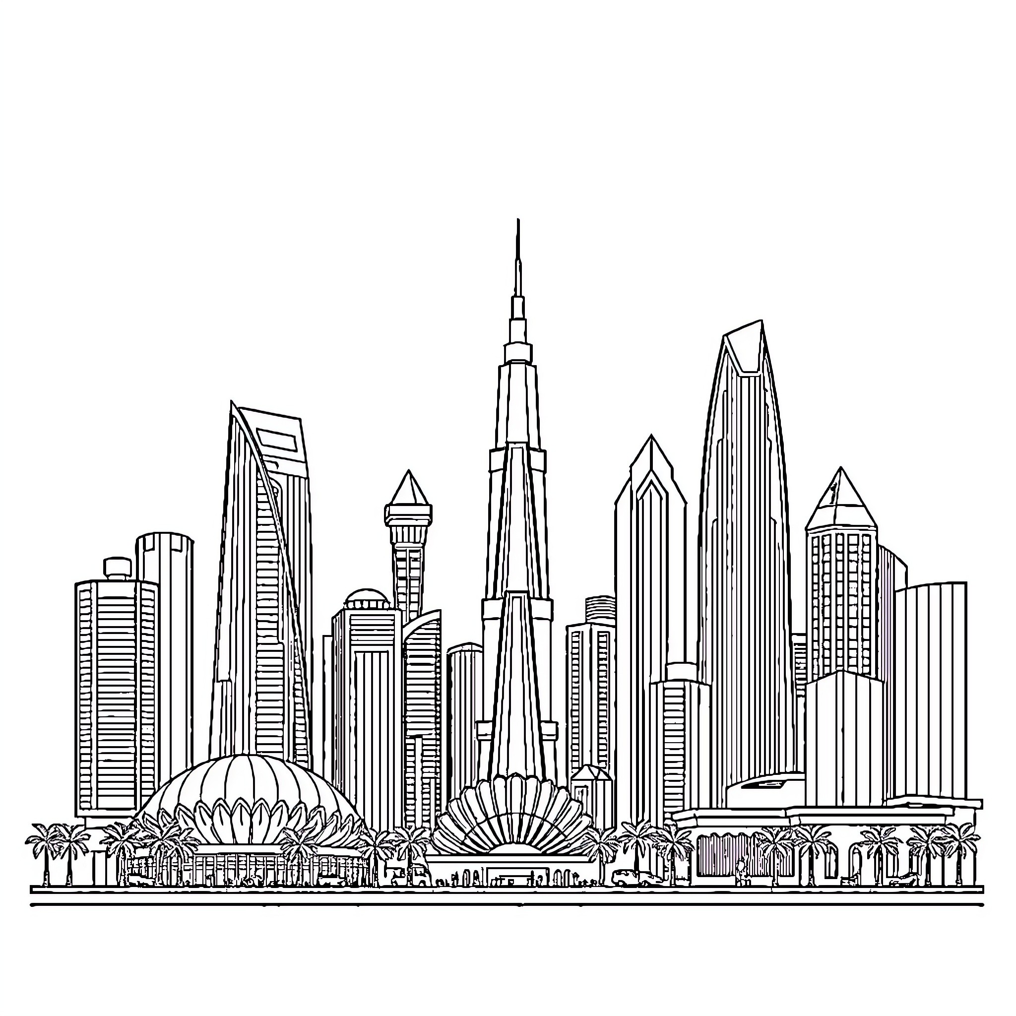 City skyline with modern buildings and landmarks Coloring Page (free black-and-white line drawing printable PDF for all, from beginners to advanced learners, including children, teens, adults, and seniors)