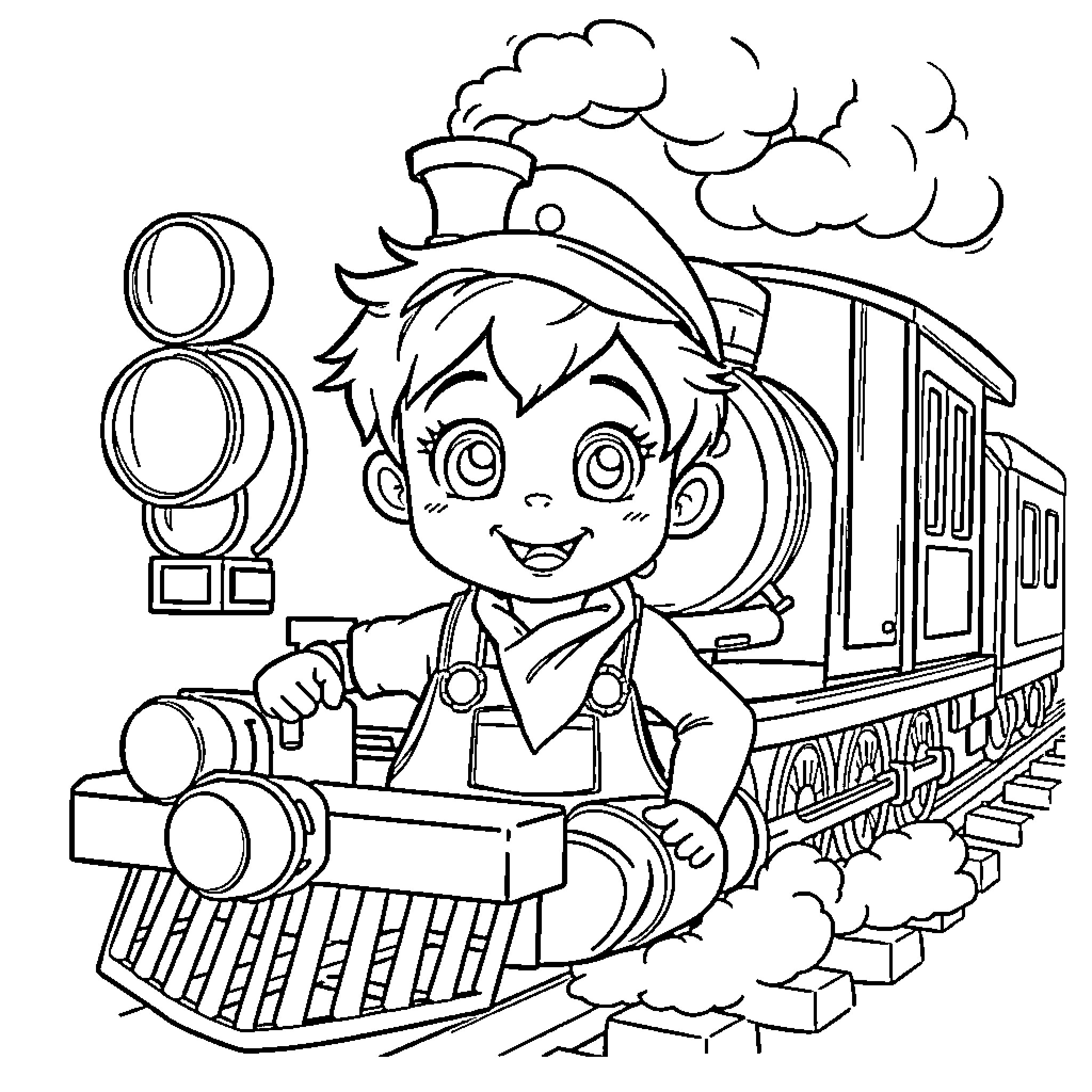 Boy Happily Riding a Train Through the Countryside Coloring Page (free black-and-white line drawing printable PDF for all, from beginners to advanced learners, including children, teens, adults, and seniors)