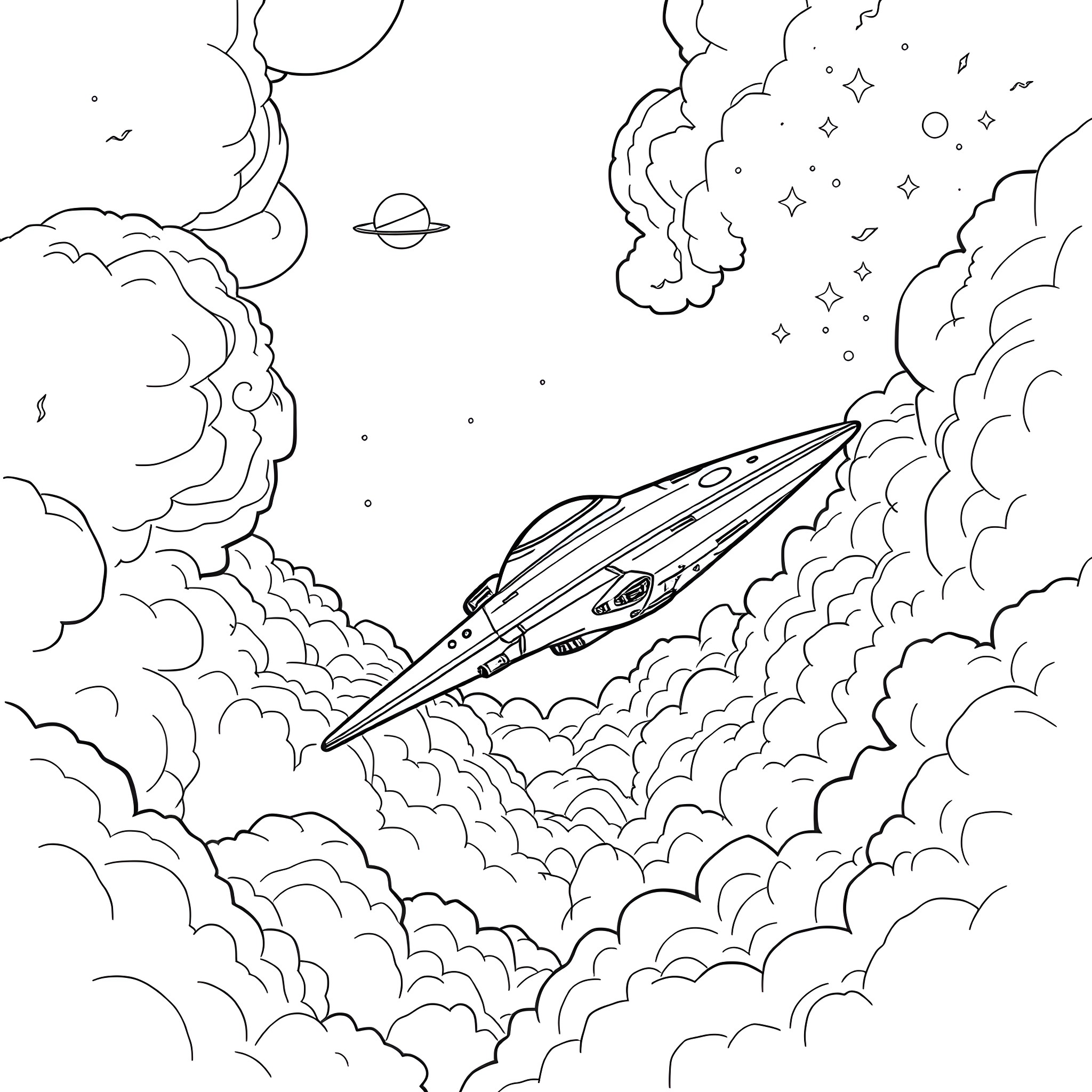 Starship ascending through the cosmic clouds Coloring Page (free black-and-white line drawing printable PDF for all, from beginners to advanced learners, including children, teens, adults, and seniors)
