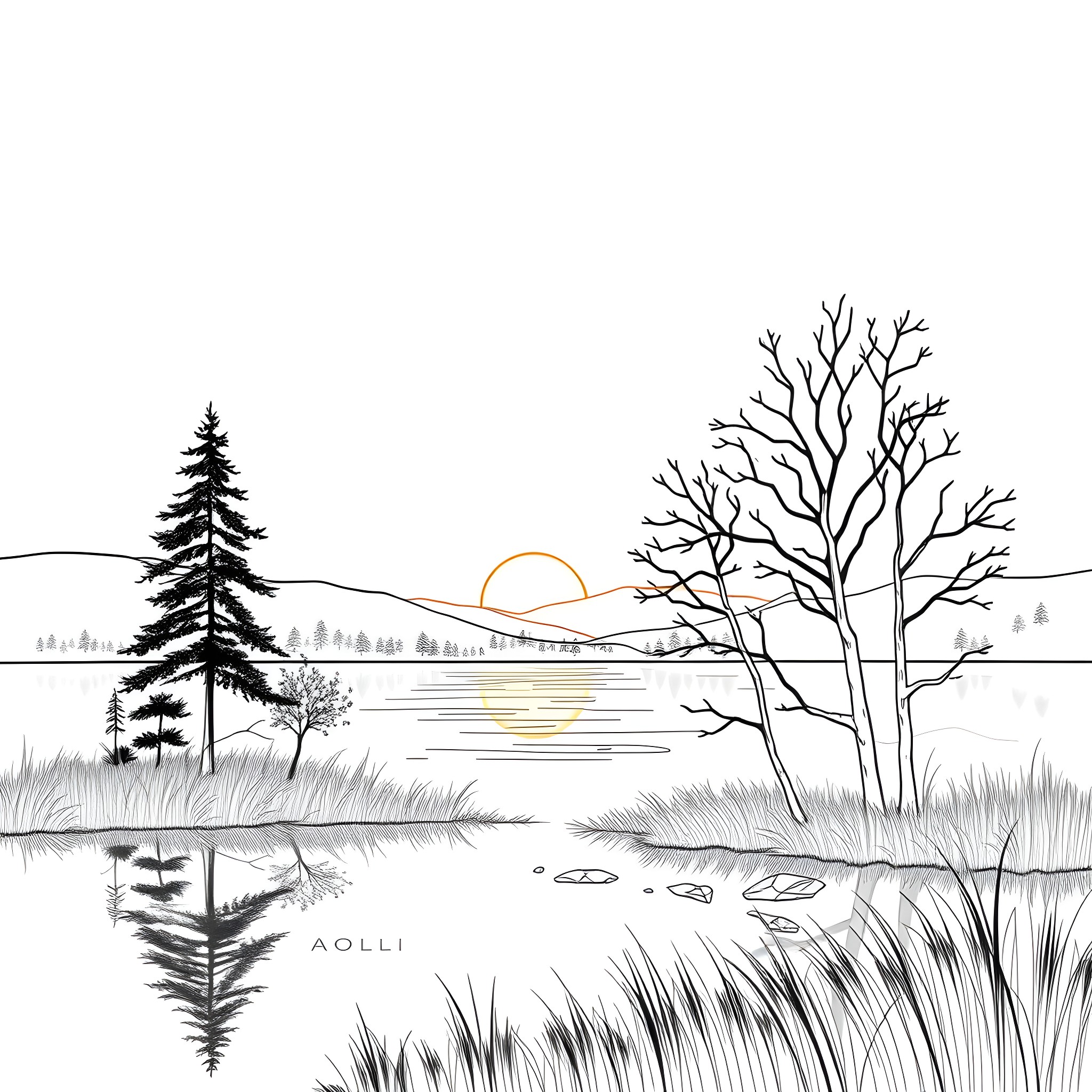 Twilight Landscape with Silhouetted Trees and Lake Coloring Page (free black-and-white line drawing printable PDF for all, from beginners to advanced learners, including children, teens, adults, and seniors)