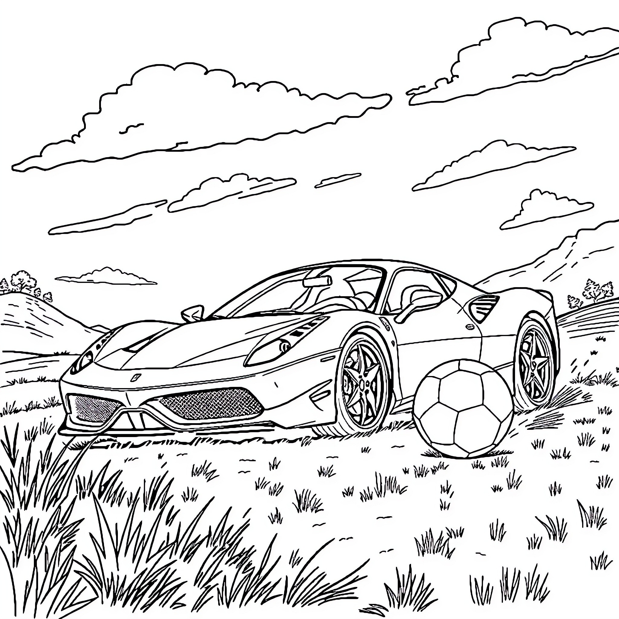 Ferrari sports car kicking soccer ball in scenic outdoors Coloring Page (free black-and-white line drawing printable PDF for all, from beginners to advanced learners, including children, teens, adults, and seniors)