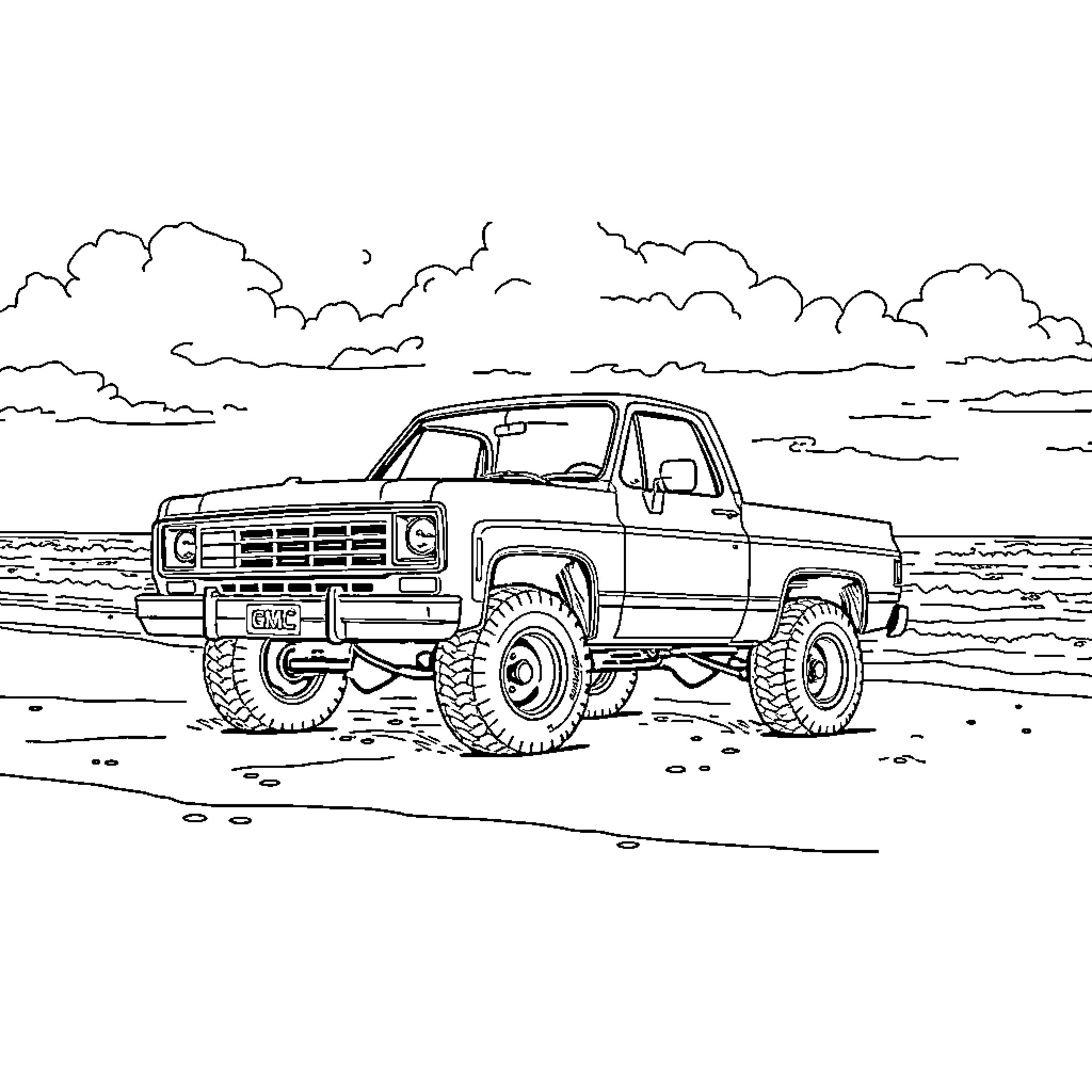 GMC Jimmy off-road adventure in rugged landscape Coloring Page (free black-and-white line drawing printable PDF for all, from beginners to advanced learners, including children, teens, adults, and seniors)