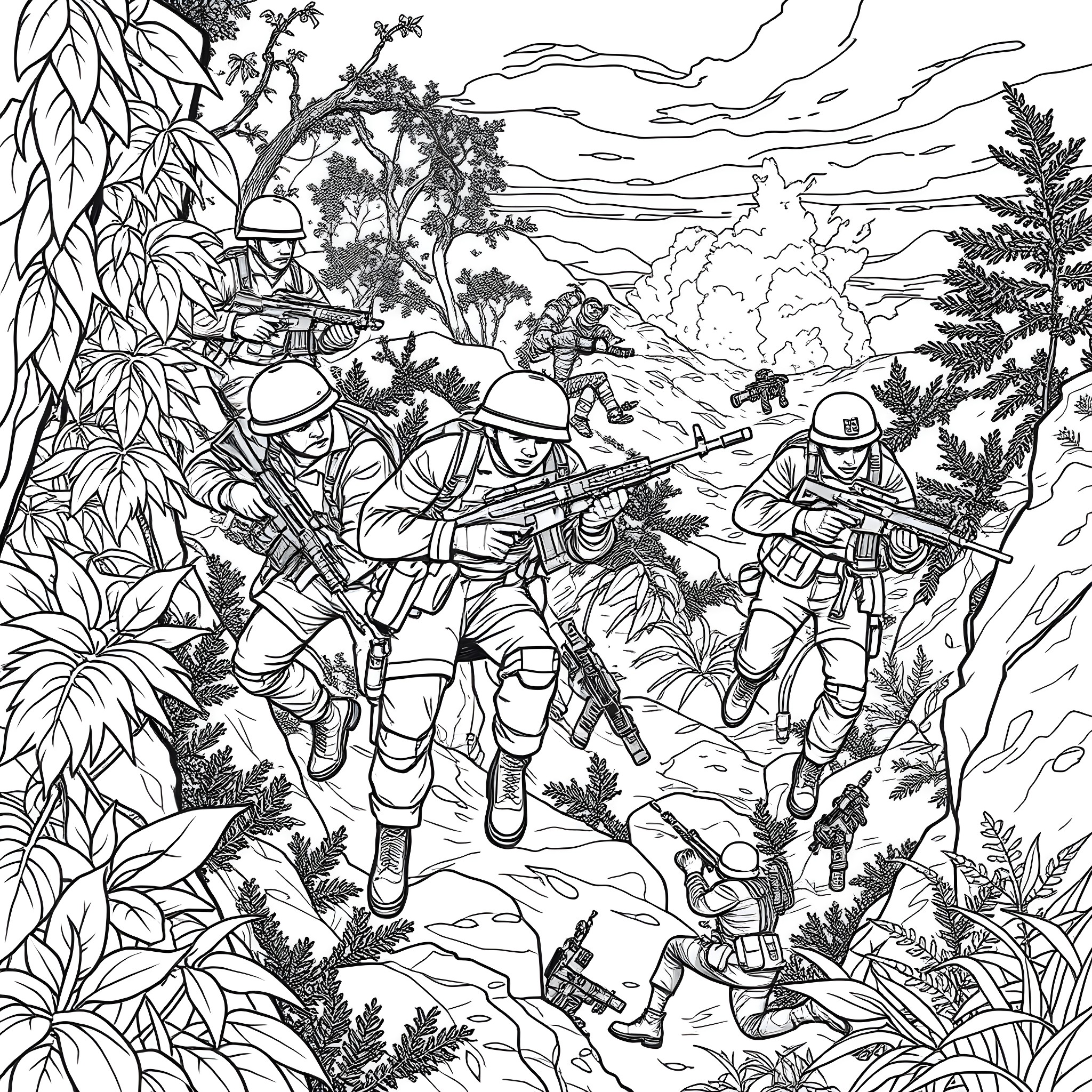Marine Soldiers Engaging in Combat Operation in Jungle Coloring Page (free black-and-white line drawing printable PDF for all, from beginners to advanced learners, including children, teens, adults, and seniors)