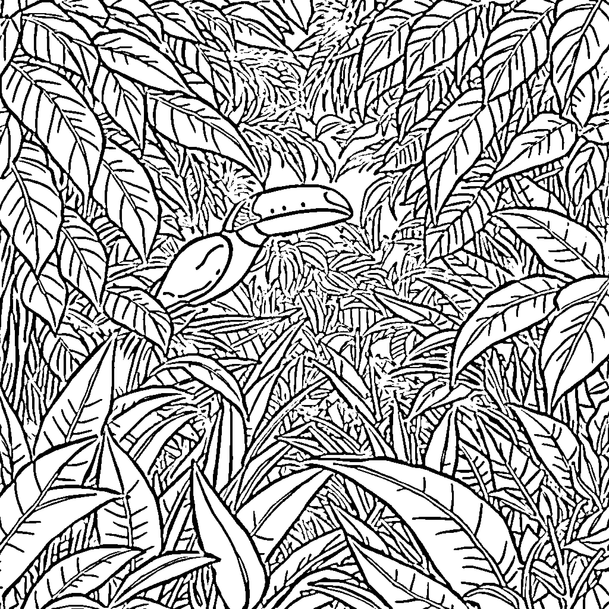 Jungle scene with hidden creature Coloring Page (free black-and-white line drawing printable PDF for all, from beginners to advanced learners, including children, teens, adults, and seniors)