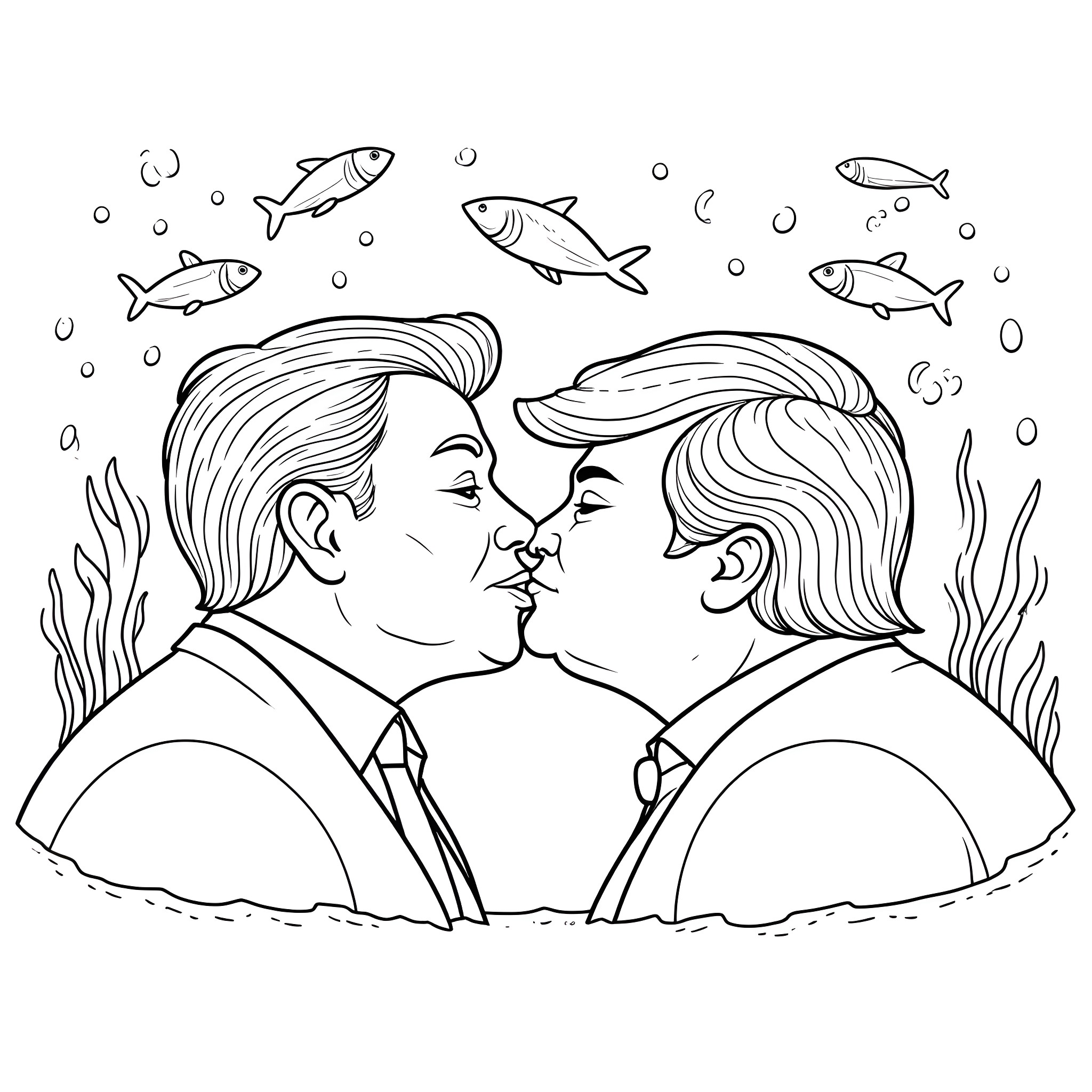 Elon Musk's Passionate Underwater Embrace Coloring Page (free black-and-white line drawing printable PDF for all, from beginners to advanced learners, including children, teens, adults, and seniors)