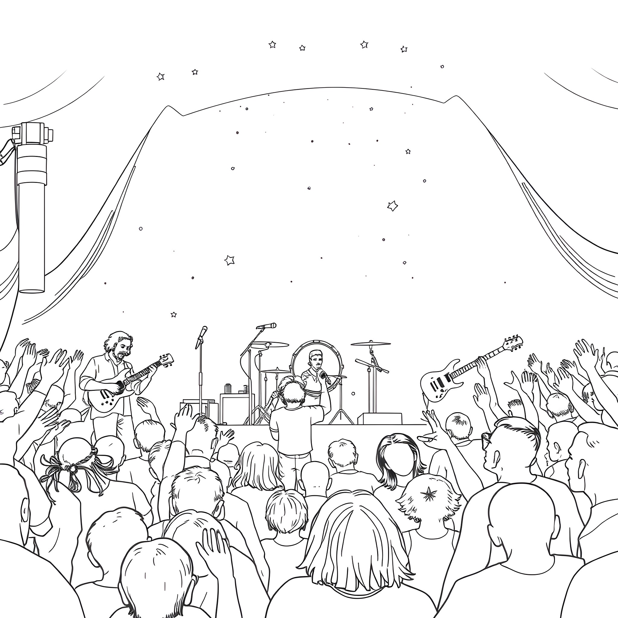 Grateful Dead performing at a concert in front of a cheering crowd Coloring Page (free black-and-white line drawing printable PDF for all, from beginners to advanced learners, including children, teens, adults, and seniors)