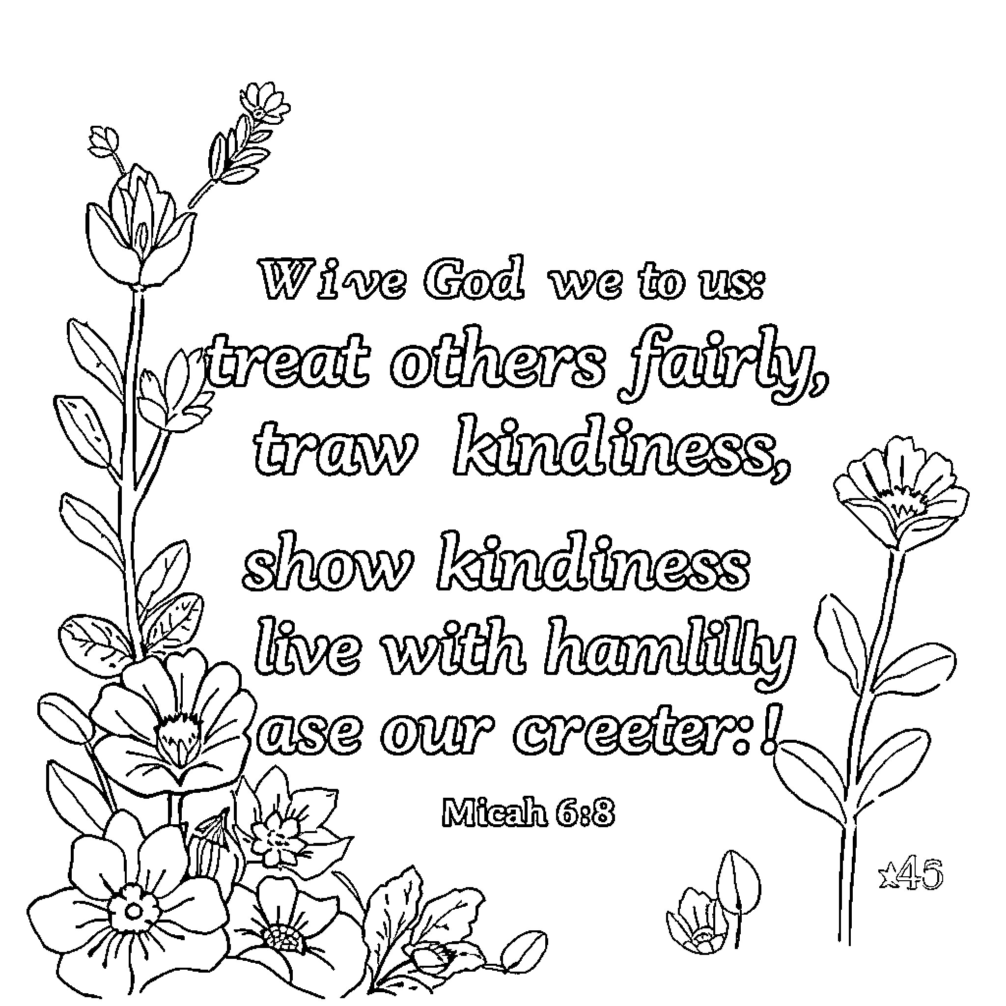 Bible Verse: Treat others fairly, show kindness, live humbly Coloring Page (free black-and-white line drawing printable PDF for all, from beginners to advanced learners, including children, teens, adults, and seniors)
