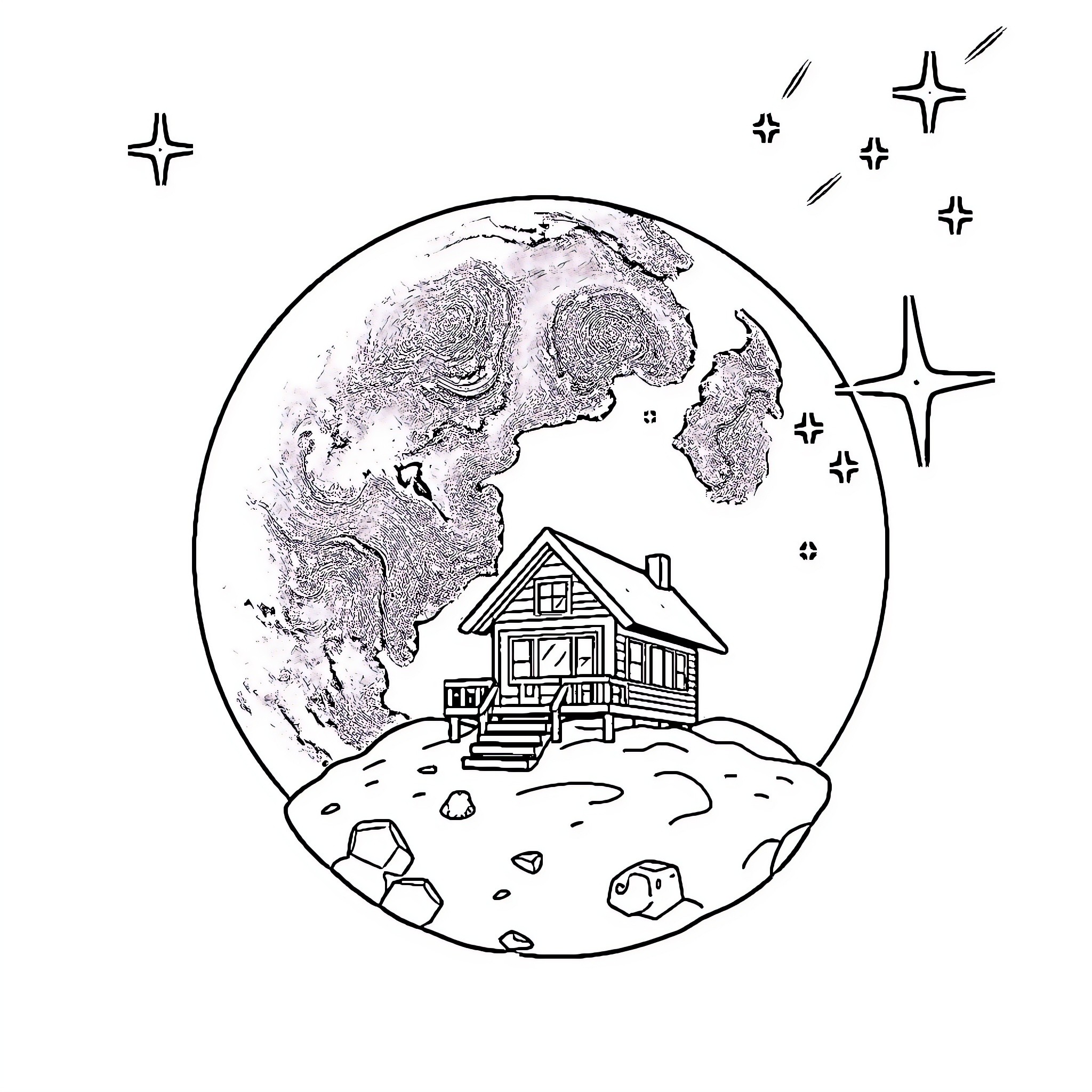Beach House Under Starry Sky Coloring Page (free black-and-white line drawing printable PDF for all, from beginners to advanced learners, including children, teens, adults, and seniors)