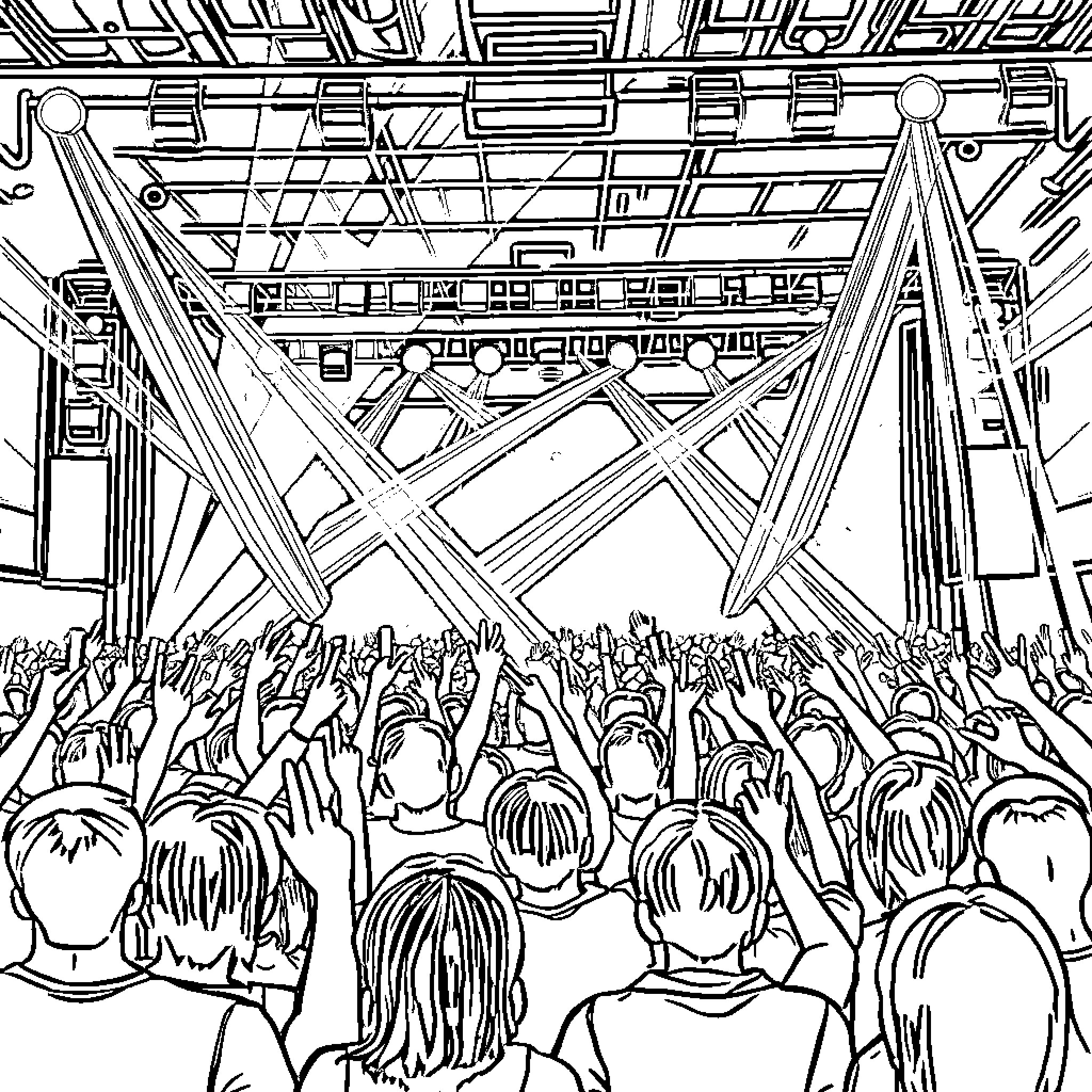 K Pop Fans Cheering Excitedly at Concert Coloring Page (free black-and-white line drawing printable PDF for all, from beginners to advanced learners, including children, teens, adults, and seniors)