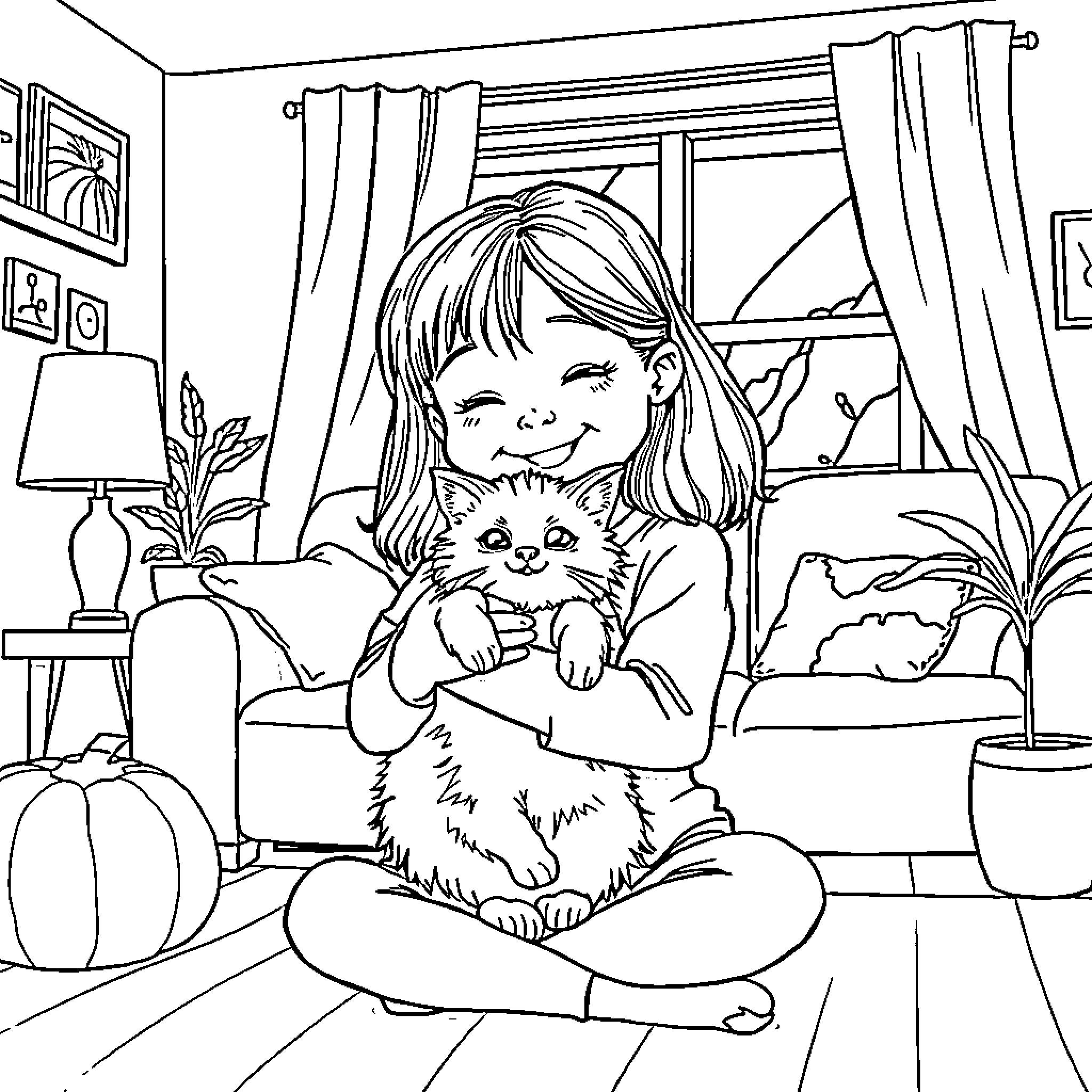 Girl happily cuddling her pet cat at home Coloring Page (free black-and-white line drawing printable PDF for all, from beginners to advanced learners, including children, teens, adults, and seniors)