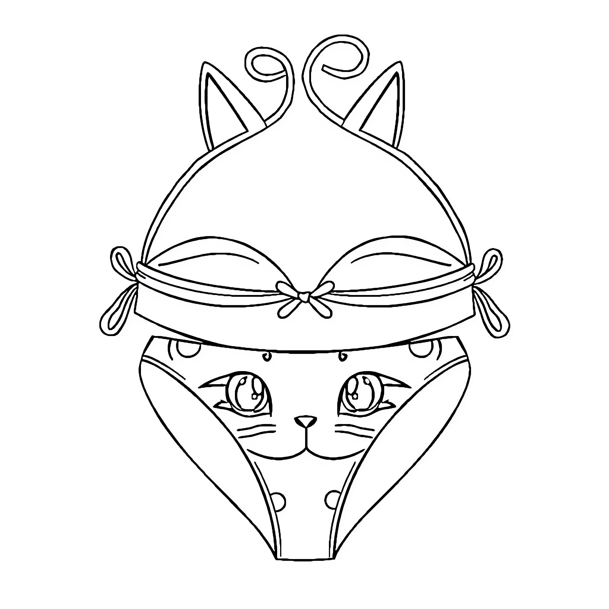 Neko Adorned with Bows and Ribbons Coloring Page (free black-and-white line drawing printable PDF for all, from beginners to advanced learners, including children, teens, adults, and seniors)